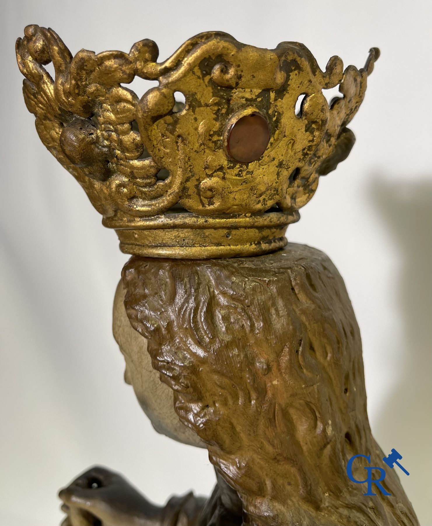 Wooden polychrome Baroque sculpture of Mary with child. The Crown inlaid with an amber-like rock.