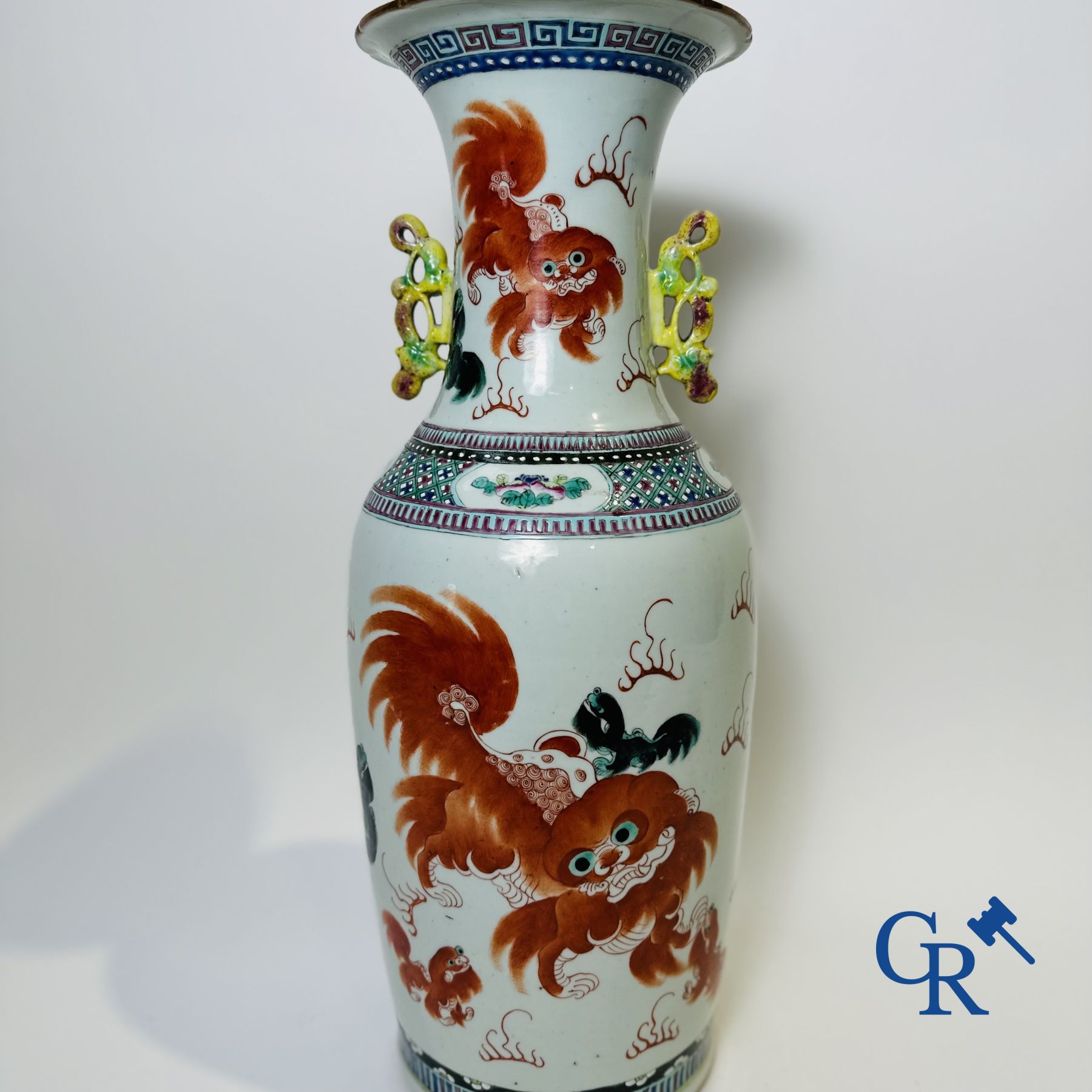 Chinese porcelain: A Chinese famille rose vase with a decor of Buddhist lions, phoenixes, birds and peonies.