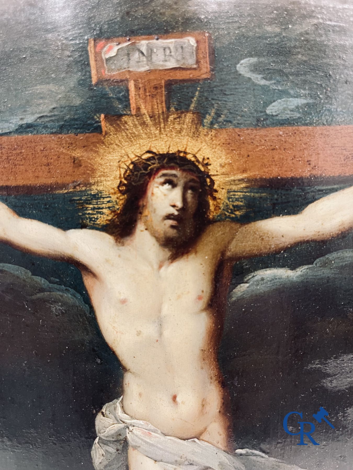 École flamande : Christ sur la croix. Huile sur cuivre. XVIe-XVIIe siècle.