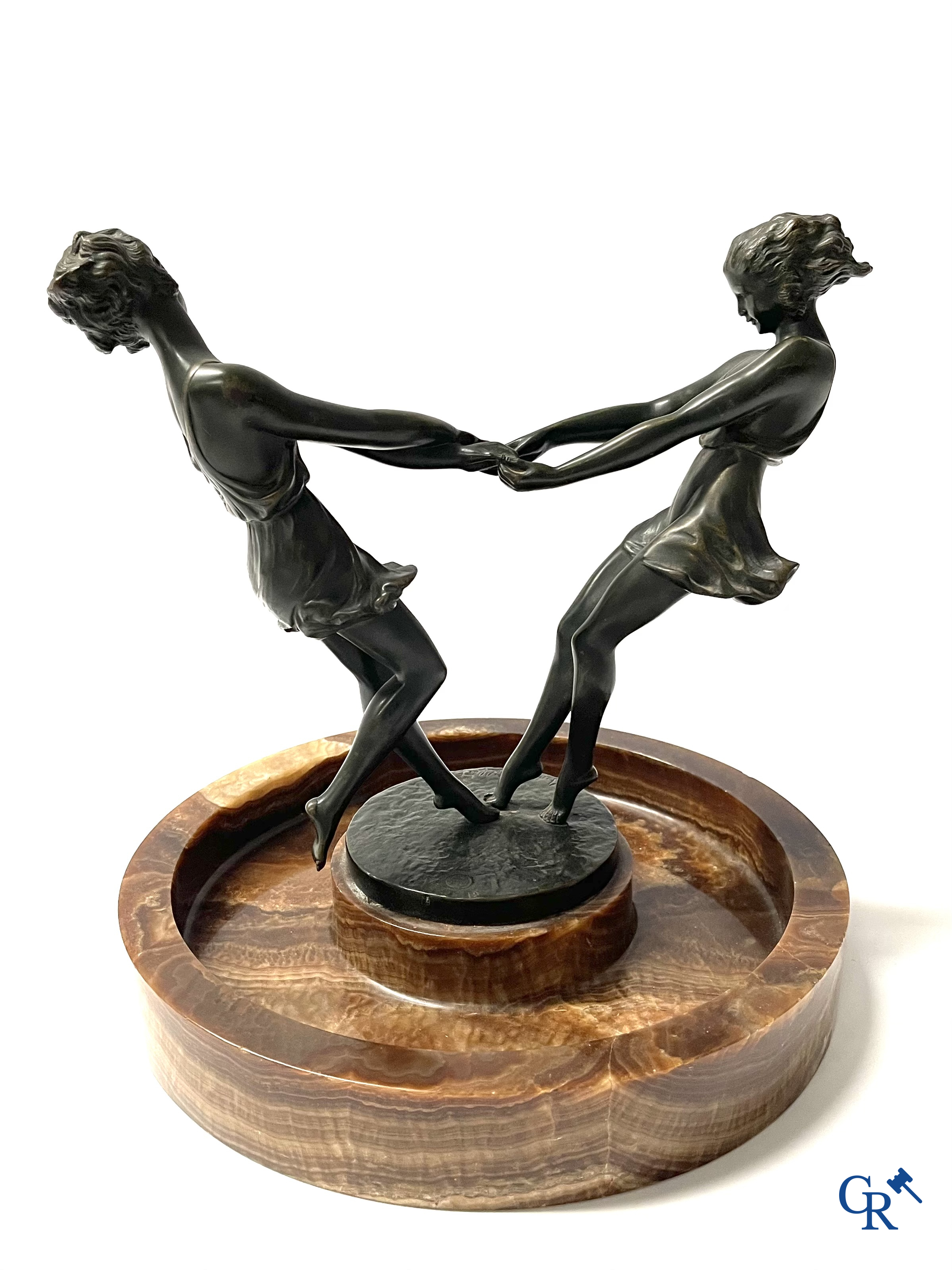 Art Deco, André Gilbert. Milieu de table in brons en onyx. Gieterij LN Paris JL. Circa 1930.