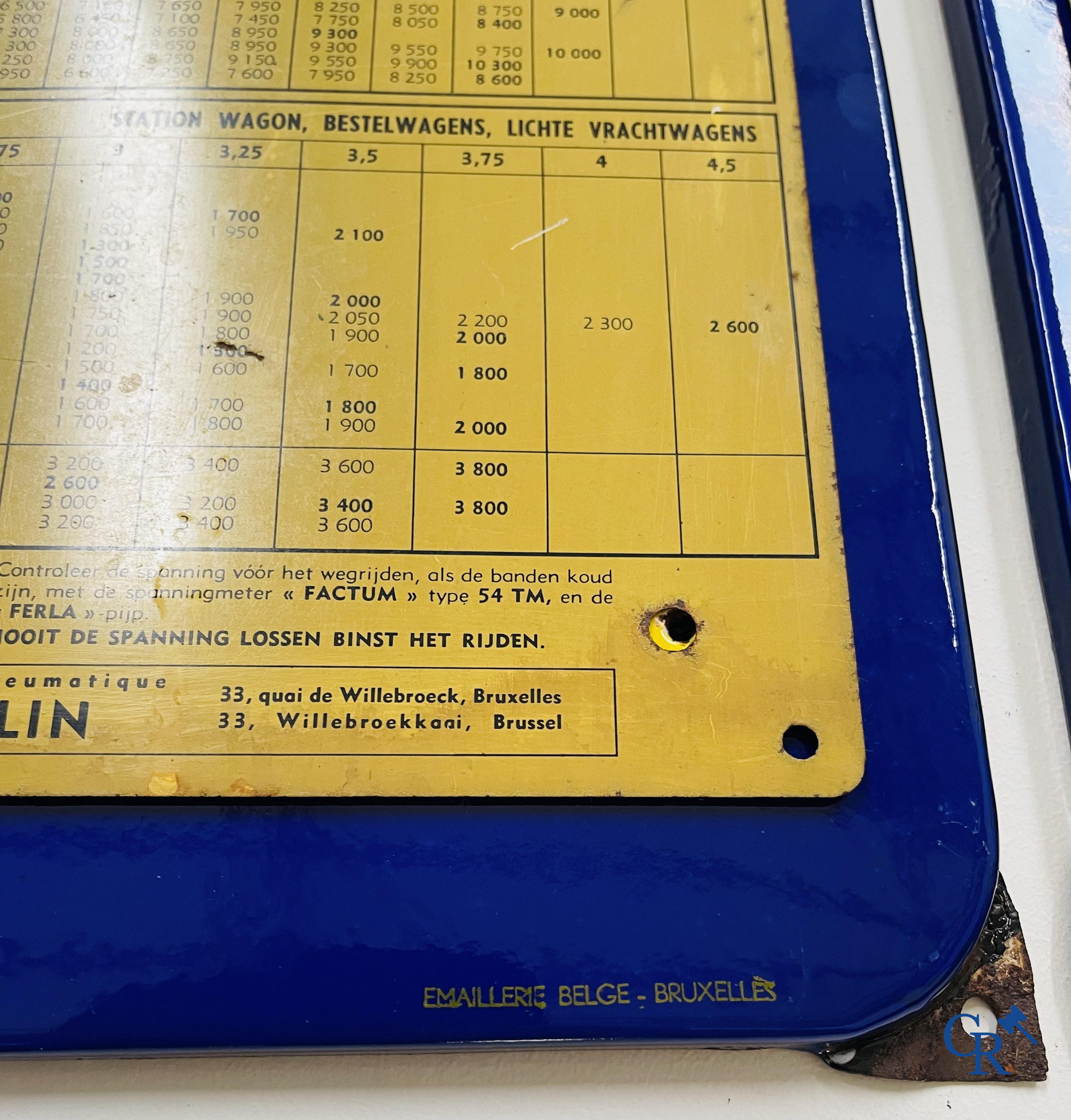 Michelin, een paar emaille borden met bandendruk paneel in blik voor auto en vrachtwagen. Emaillerie Belge 1954.