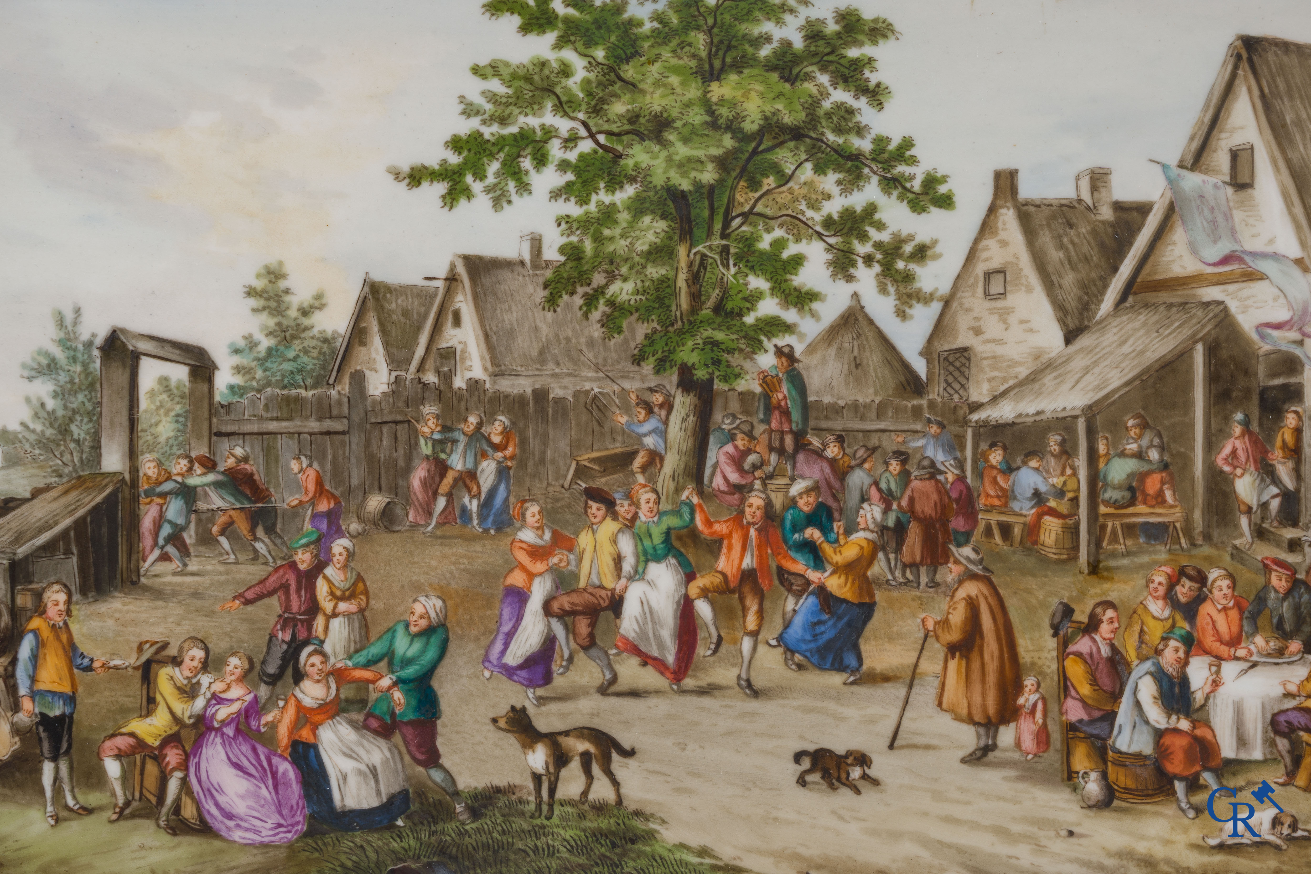 Teniers (d'après). Une paire de peintures sur porcelaine avec des scènes typiques de villages ruraux. Signé Teniers.