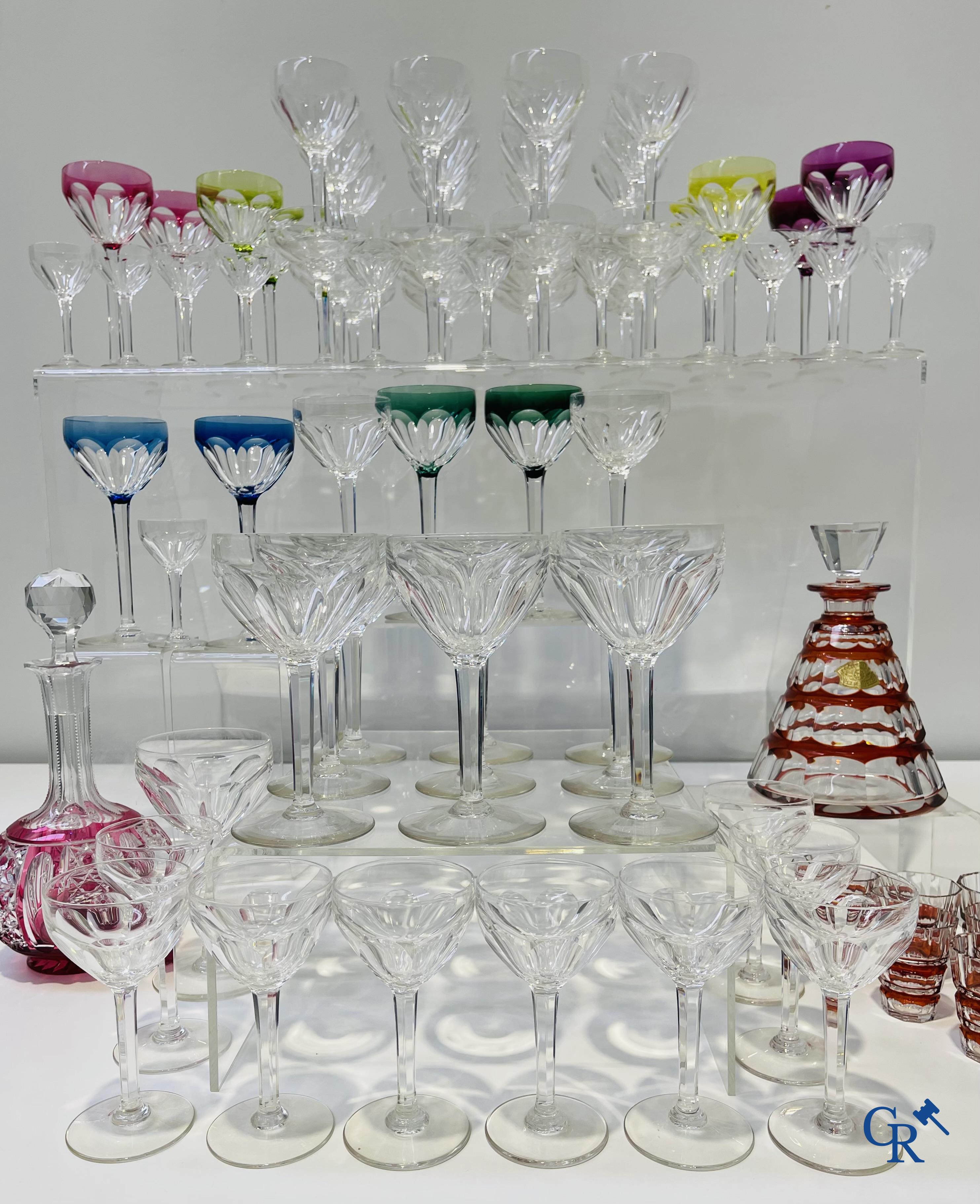 Val Saint Lambert. Large lot of glasses in crystal, 2 carafes and 6 cups added.