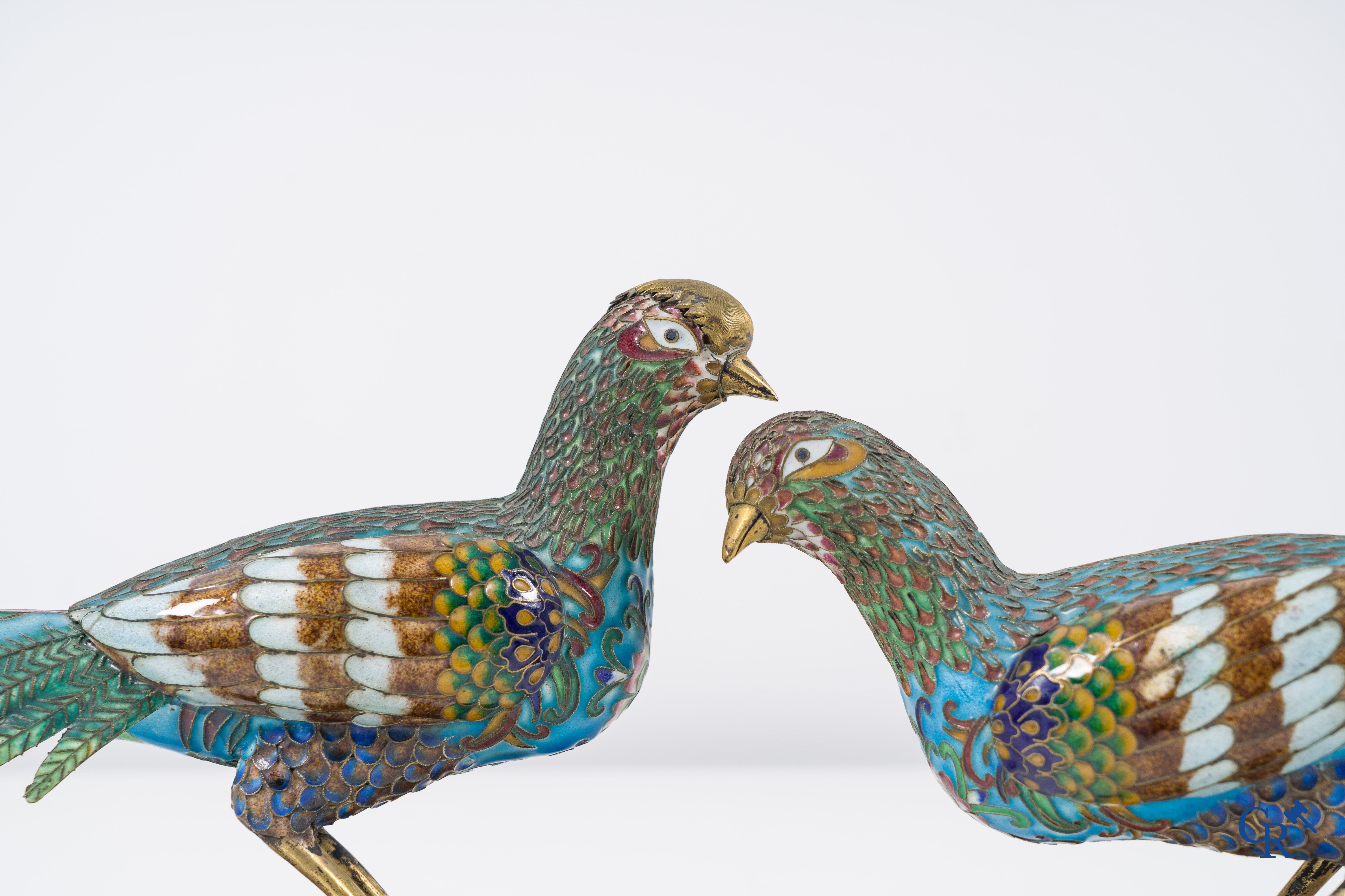 Asian Art: Chinese cloisonné. A pair of pheasants in finely crafted cloisonné. 20th century.