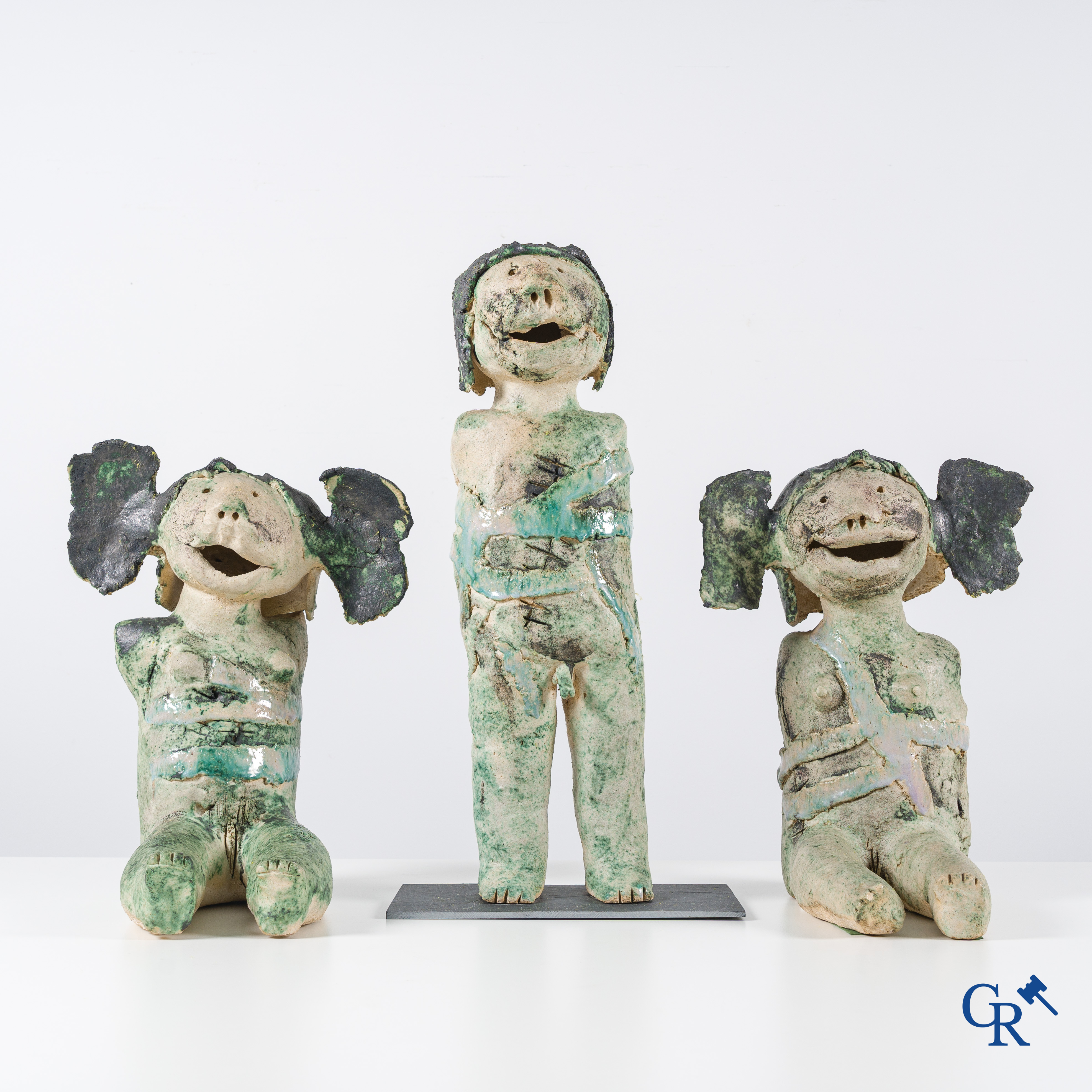 Marnix Hoys (1943): A set of 3 sculptures in glazed terra cotta. Around 1980, marked and signed.