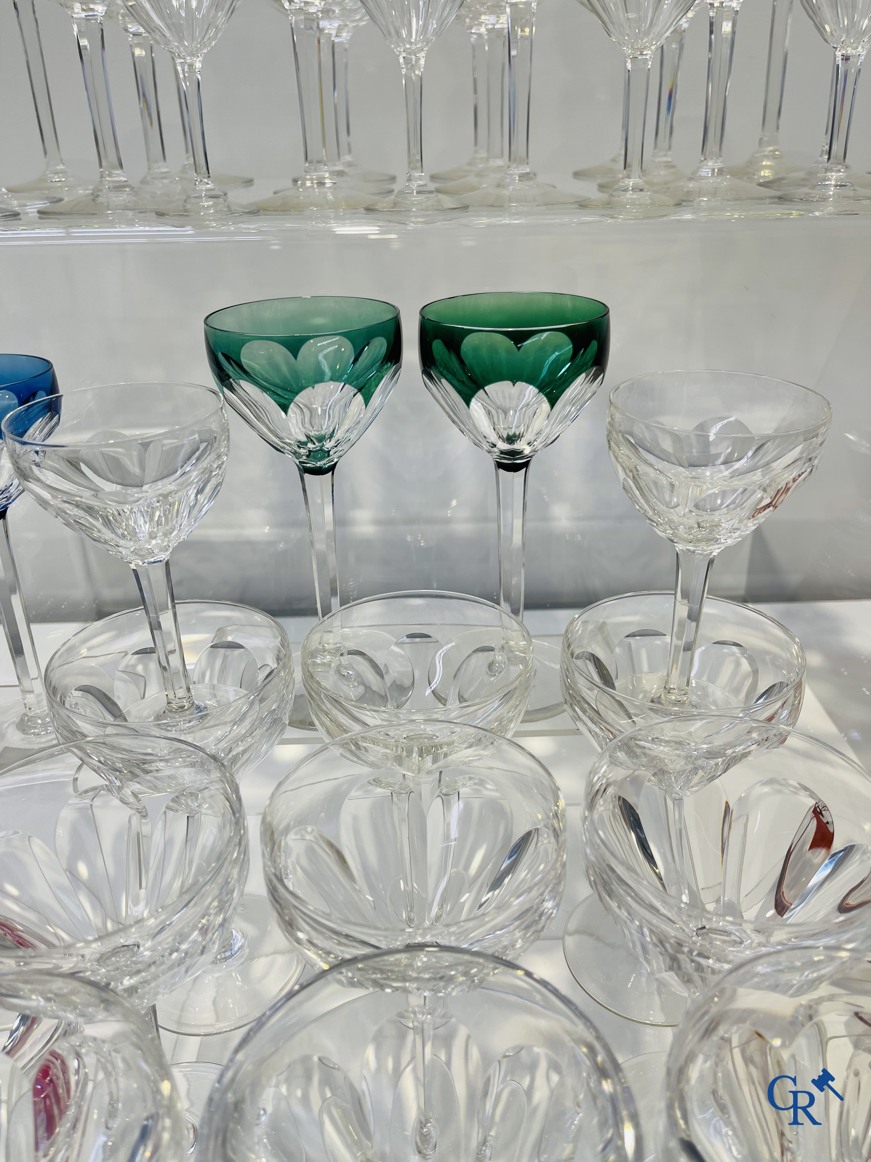 Val Saint Lambert. Large lot of glasses in crystal, 2 carafes and 6 cups added.