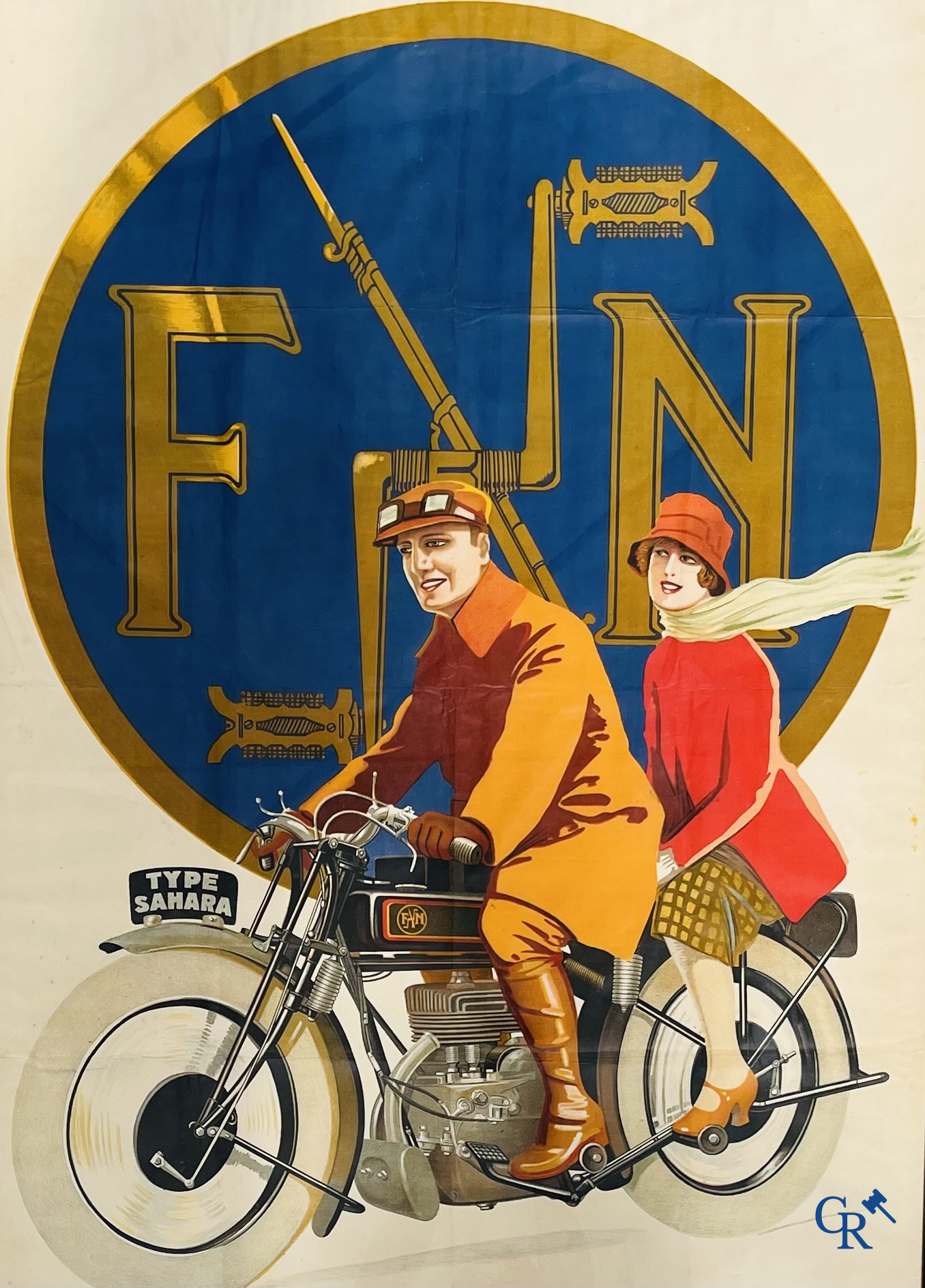 FN Motorfabriek Herstal, Zeldzame en originele publiciteitsaffiche voor de FN motorfiets type Sahara. Circa 1930.