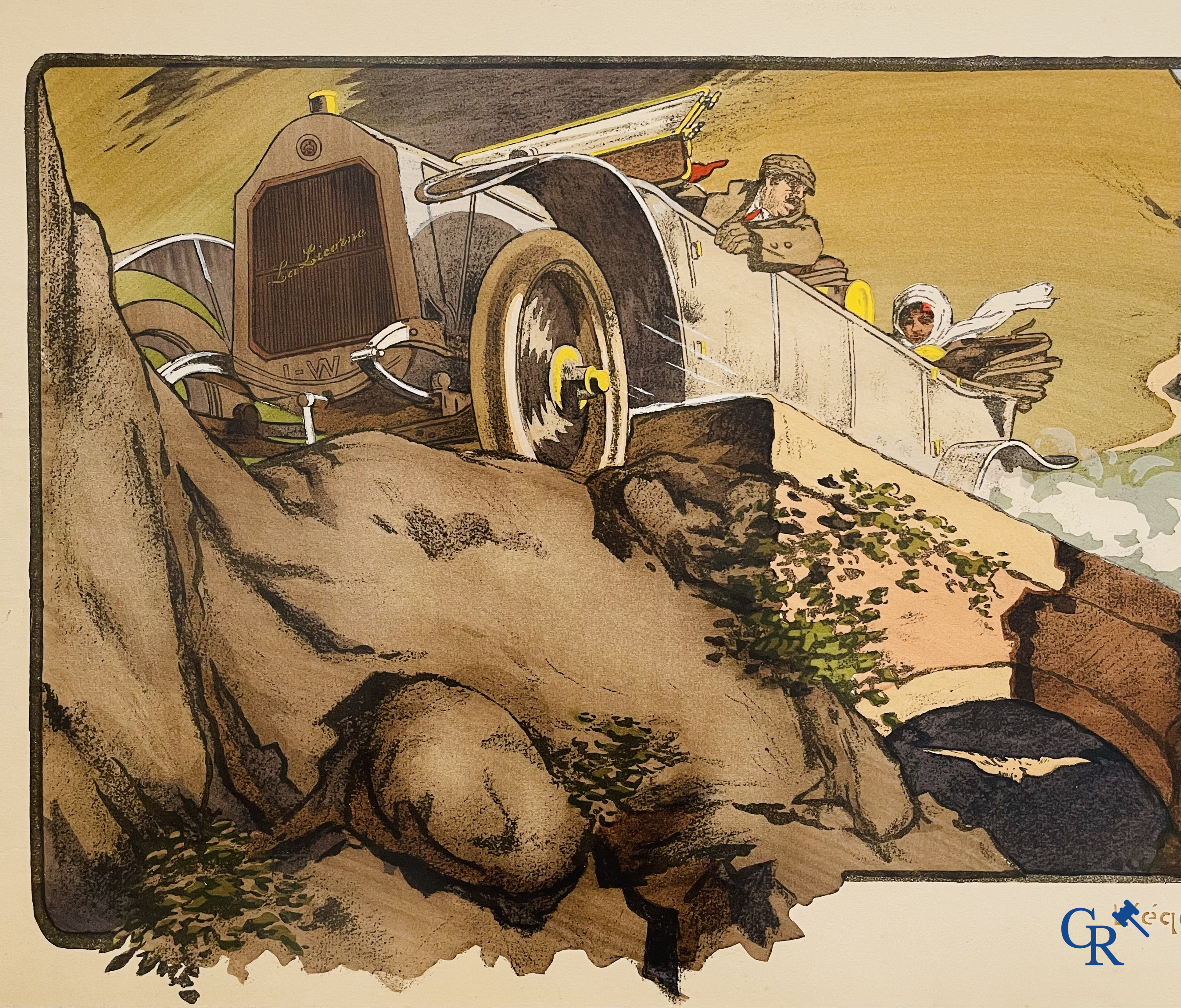 André Nevil, L'équipe "La Licorne" dans le Tour De France 1912. Kleuren lithografie. Mabileau & Comp. Paris 1912.