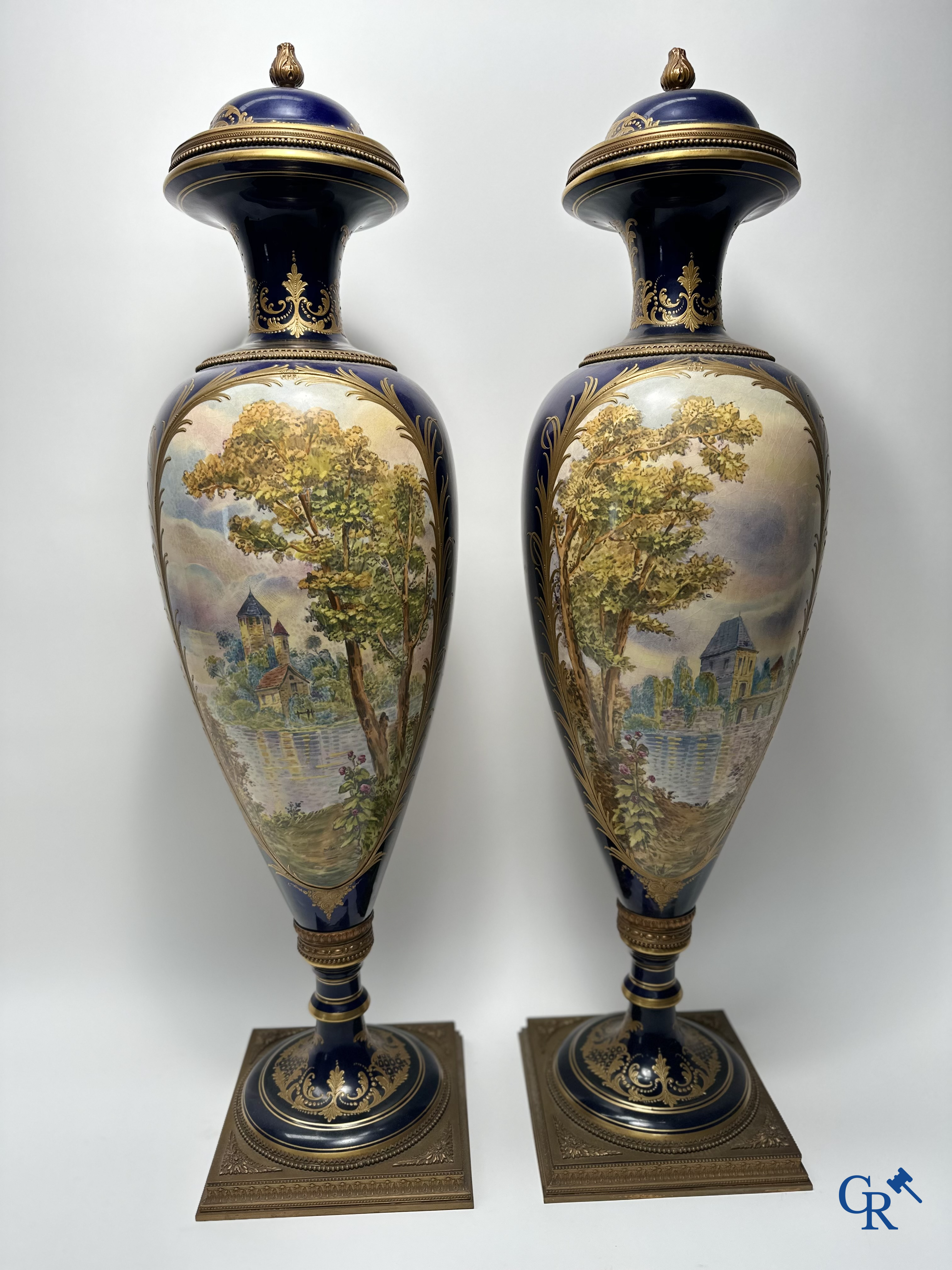 Sèvres: Pair of large bronze mounted vases in Sèvres porcelain. Late 19th century.