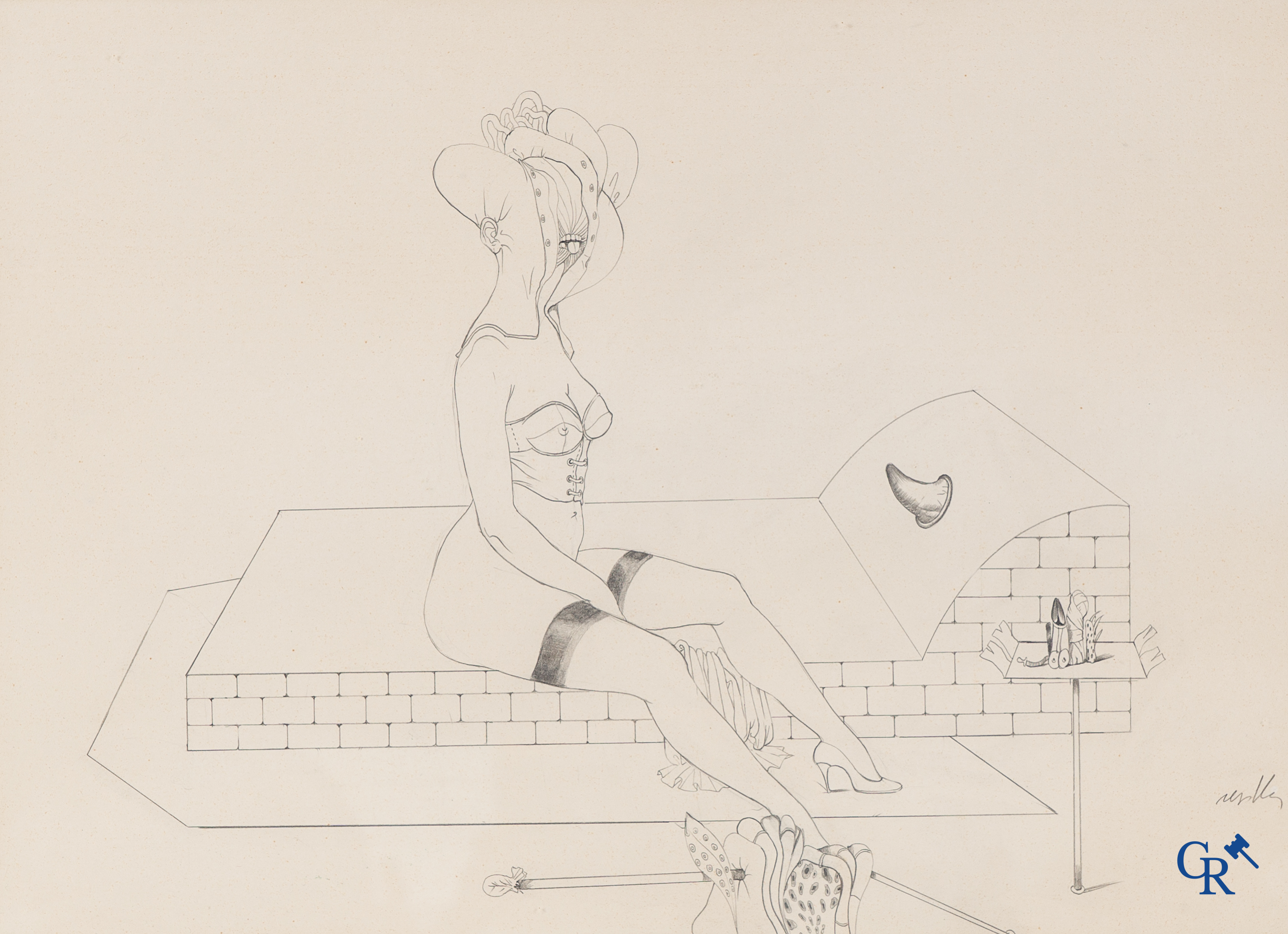 Carlos Revilla (1940-2021) "La Passion" 1970. Tekening op papier, etiket op de achterzijde van de stichting Veranneman.