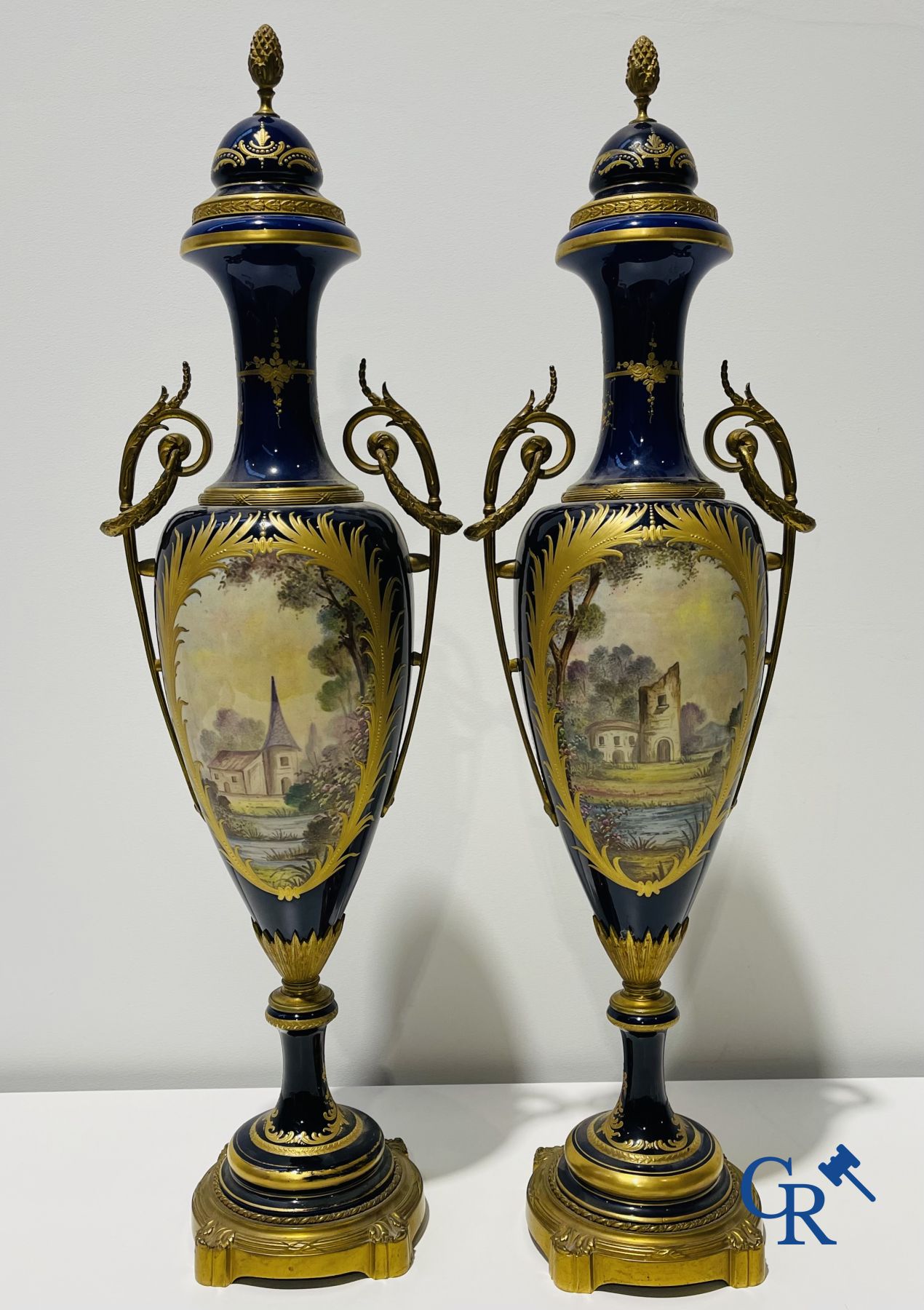 Sèvres: Poitevin. Pair of large vases in faience and bronze frames with romantic scenes. LXVI style. 19th-20th century.