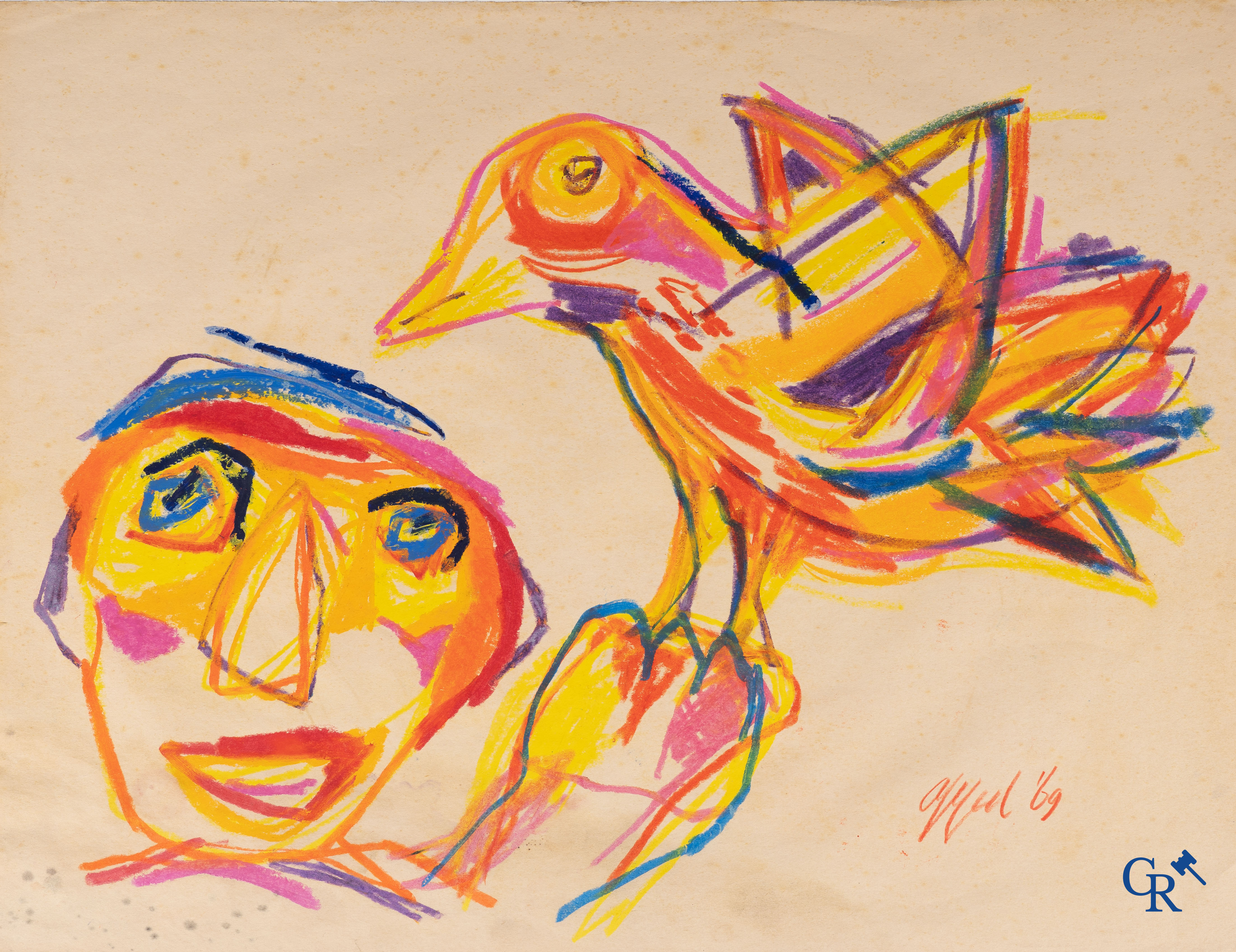 Karel Appel (1921-2006)(*) Vogel en figuur. Wasco (waskrijt) op papier. Gesigneerd rechtsonder Appel'69.