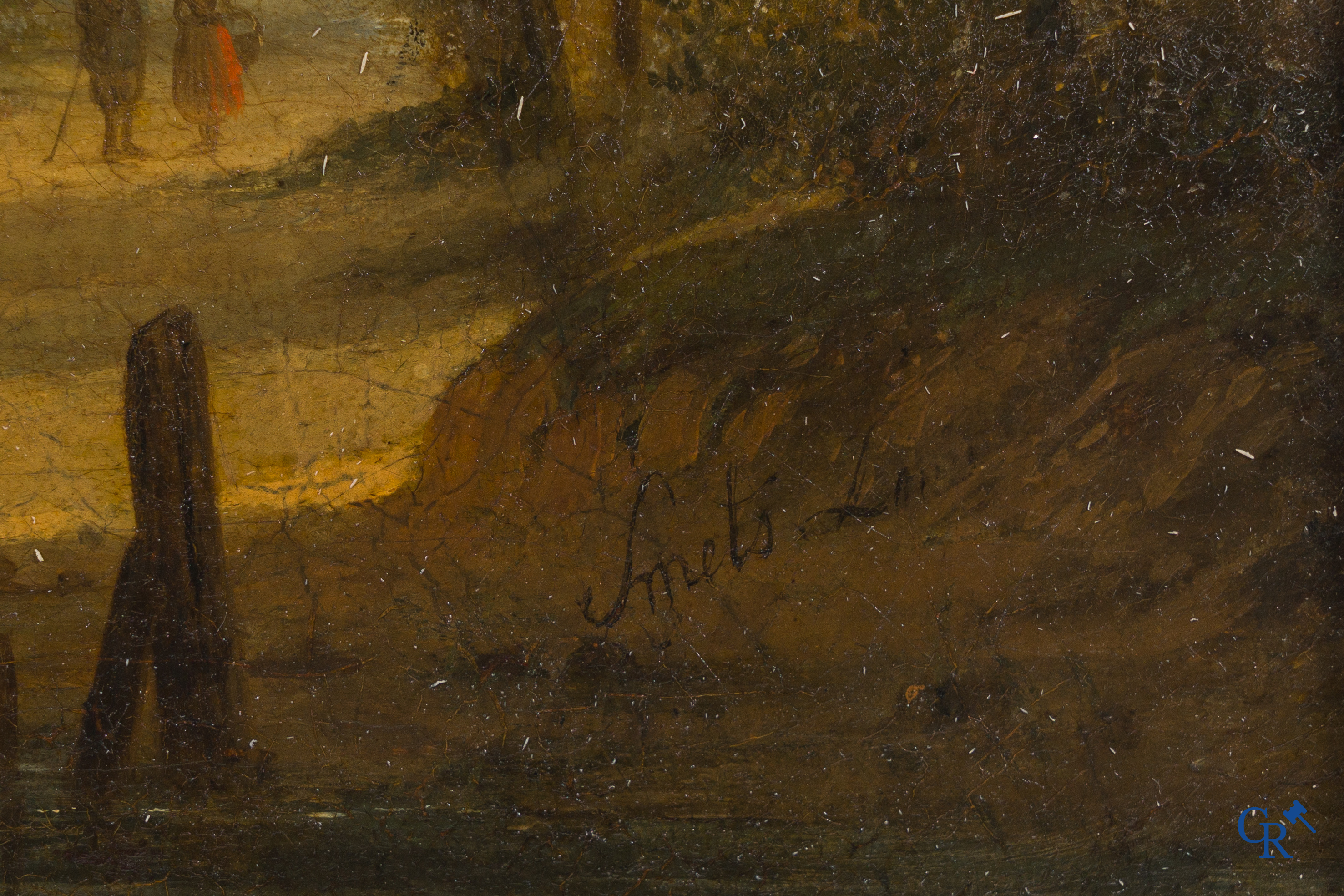 Smets Louis (1840-1896) Polderlandschap met personages op een sloep. Olie op mahonie. Gesigneerd rechtsonder.