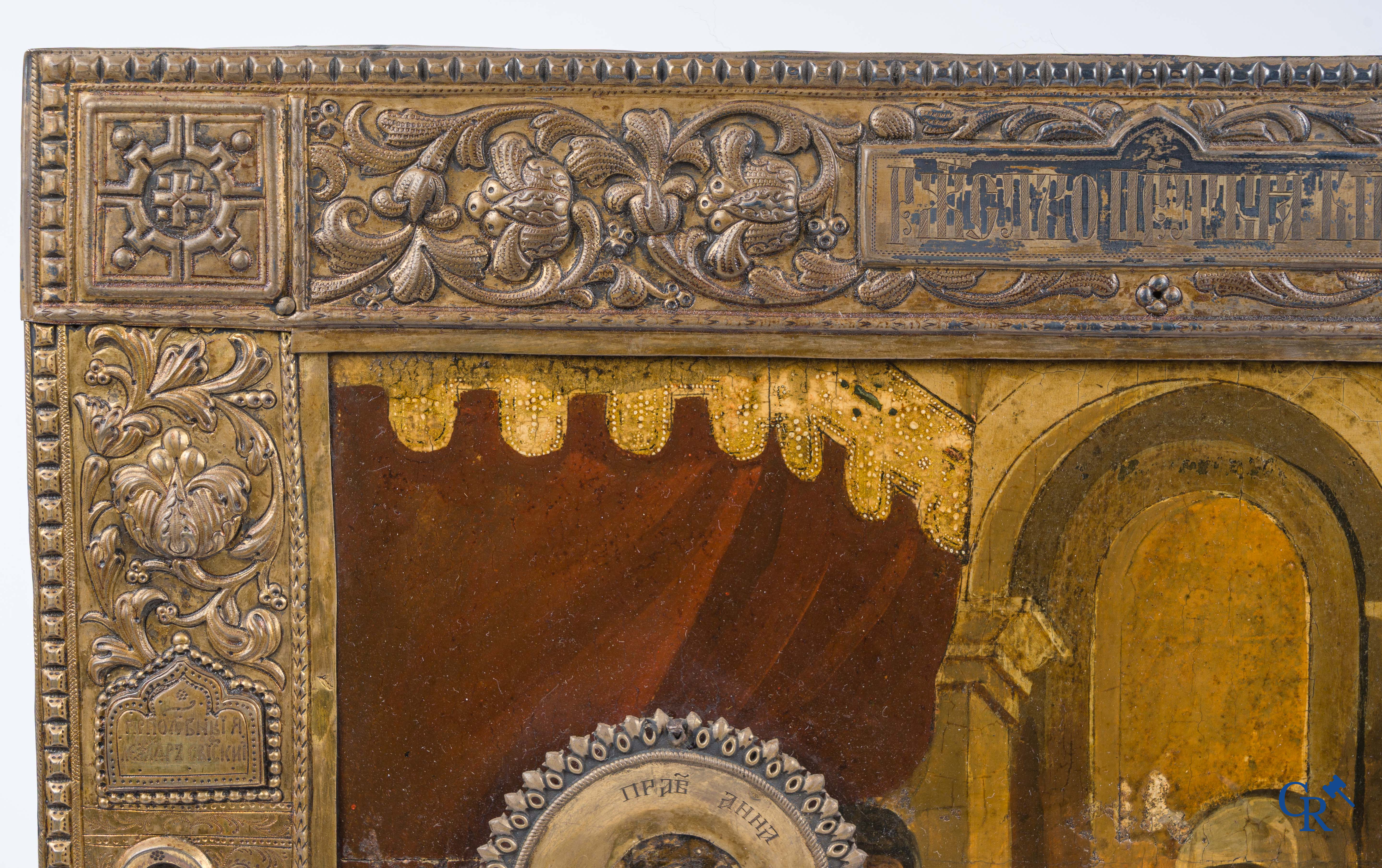 Russisch werk. De geboorte van Jezus. Grote Russische icoon met zilver oklad. Zilvergehalte 84 en gedateerd 1883.