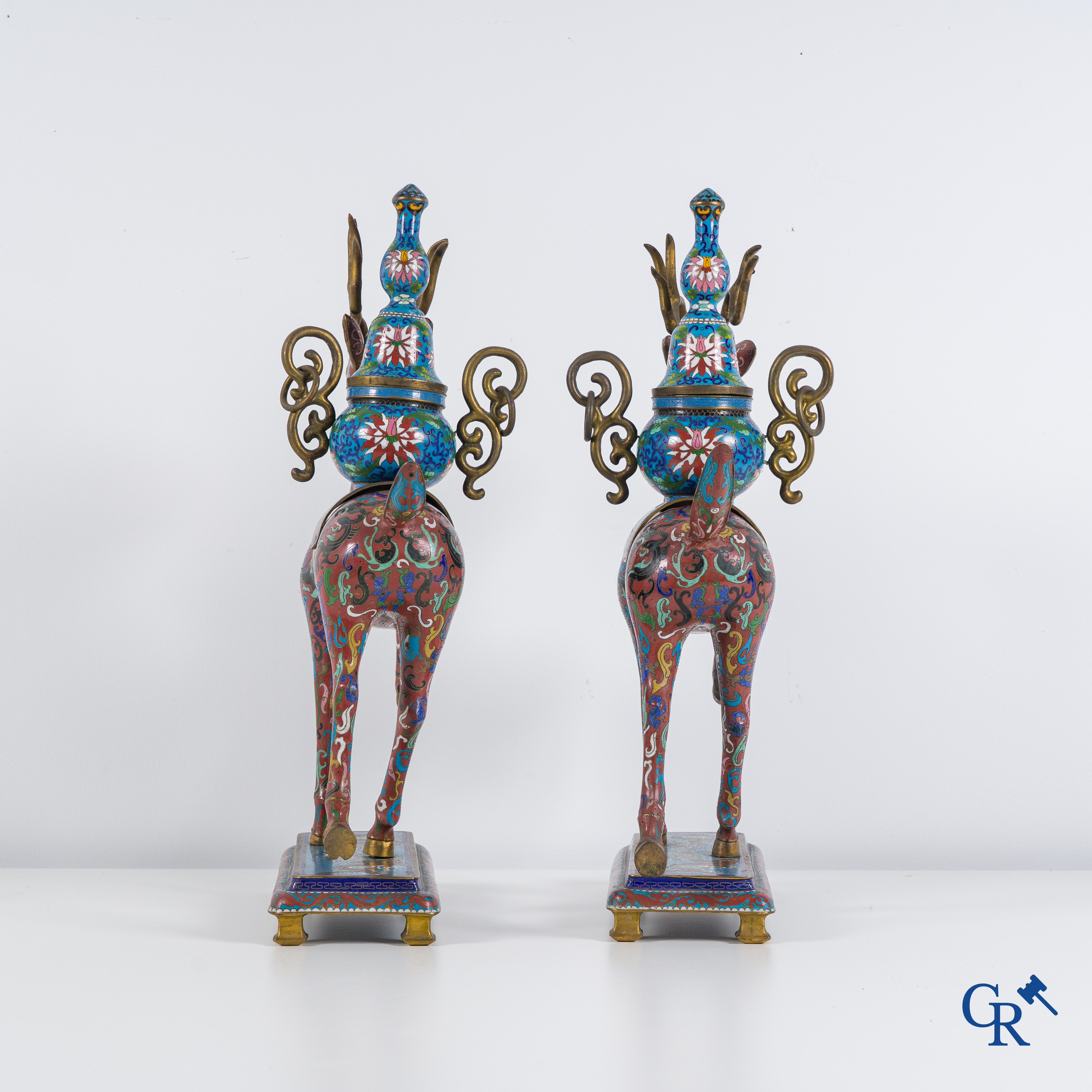 Asian Art: A pair of Chinese cloisonné incense burners in the shape of deer. China, 19th-20th century.