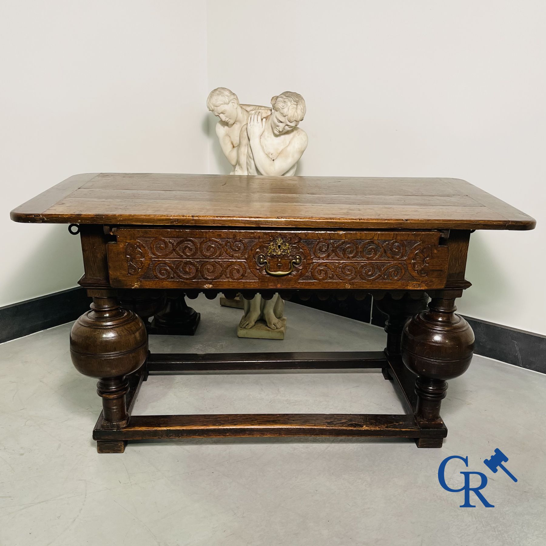 Furniture: An oak table with drawer. 17th - 18th century.