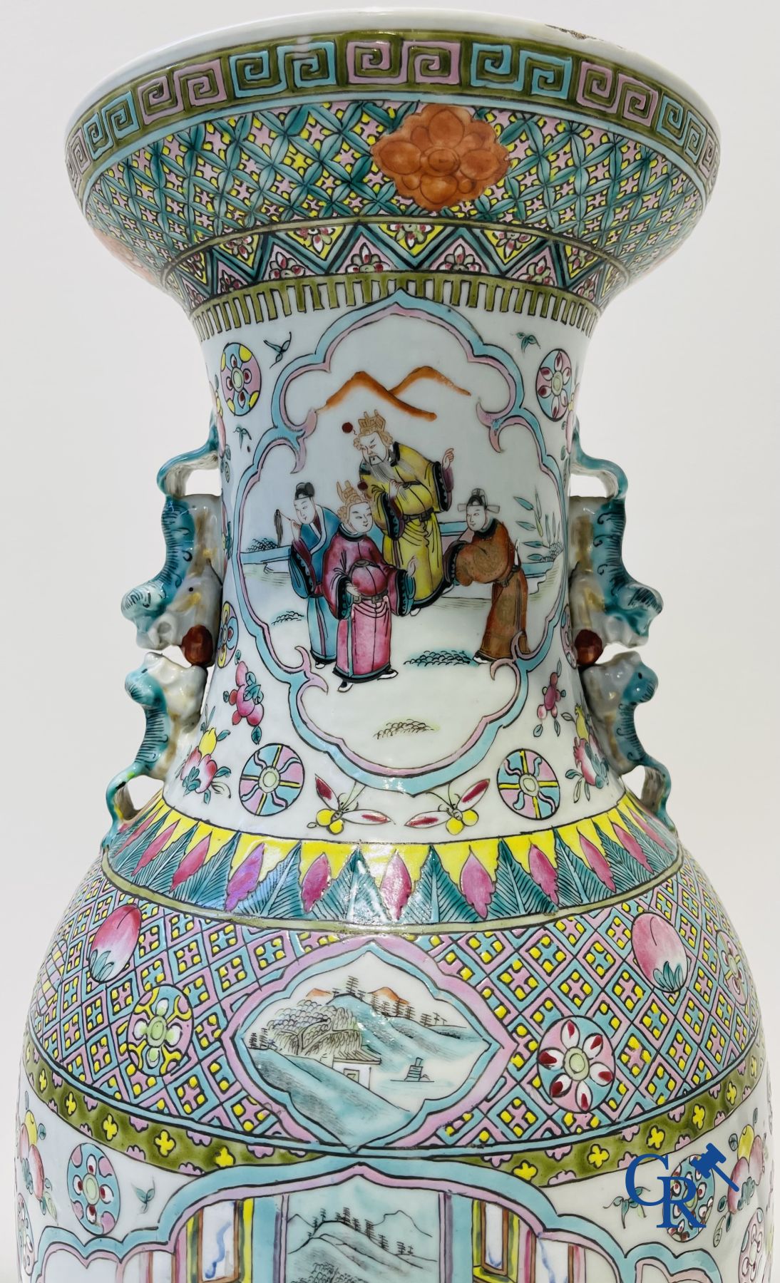 Asian art: Chinese porcelain, a pair of Chinese famille rose vases with court scenes. 19th century.