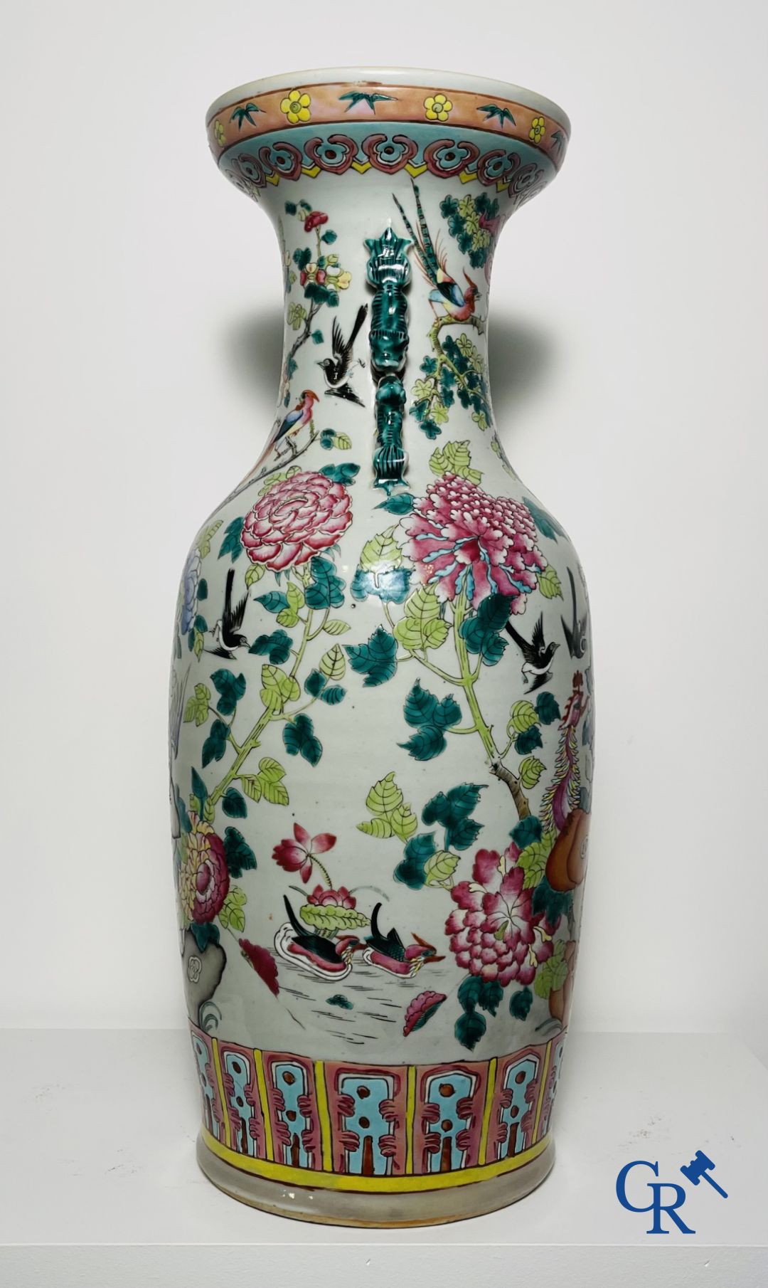 Asian Art: Vase in Chinese famille rose porcelain with decor of birds and peonies. 19th century.