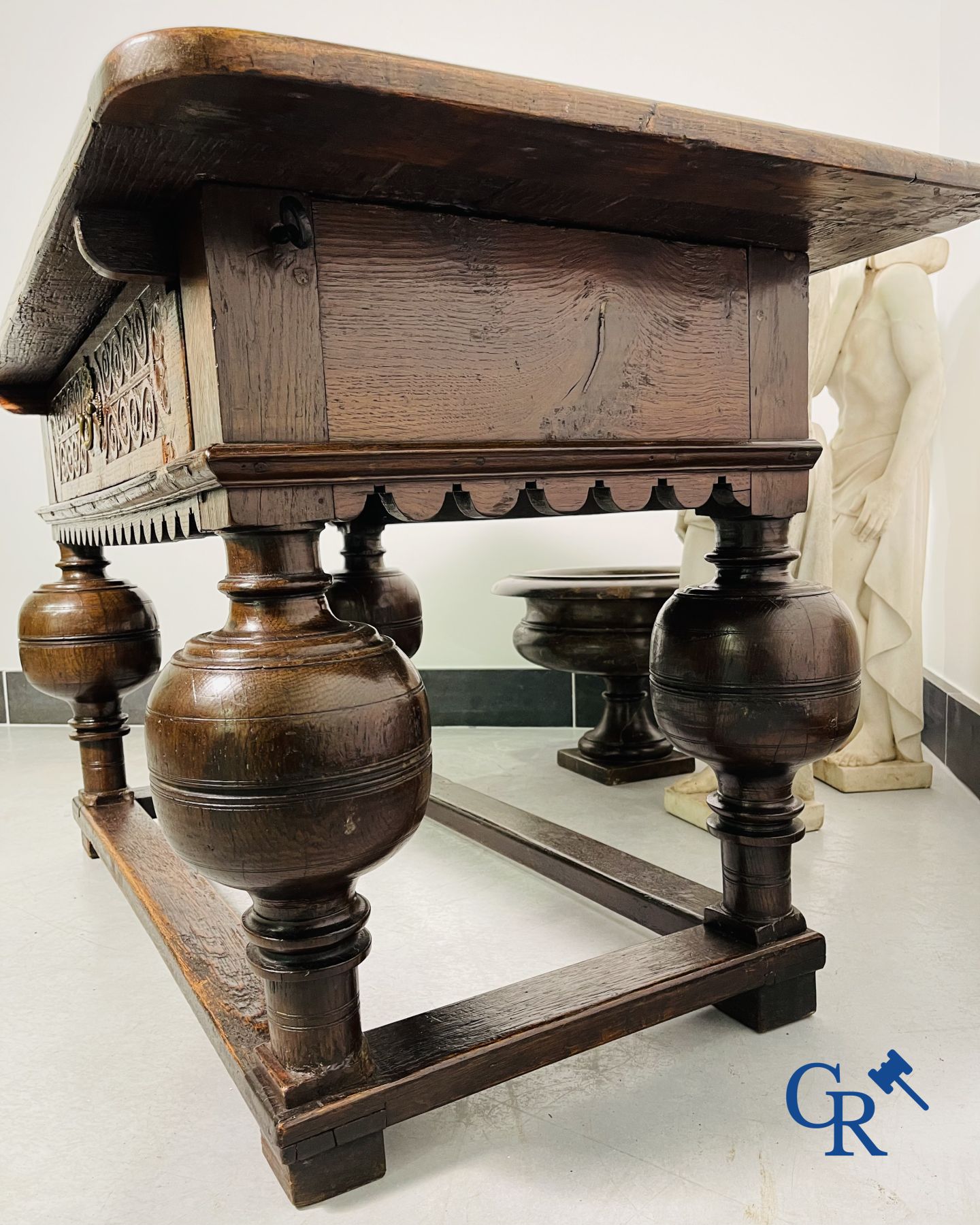 Furniture: An oak table with drawer. 17th - 18th century.