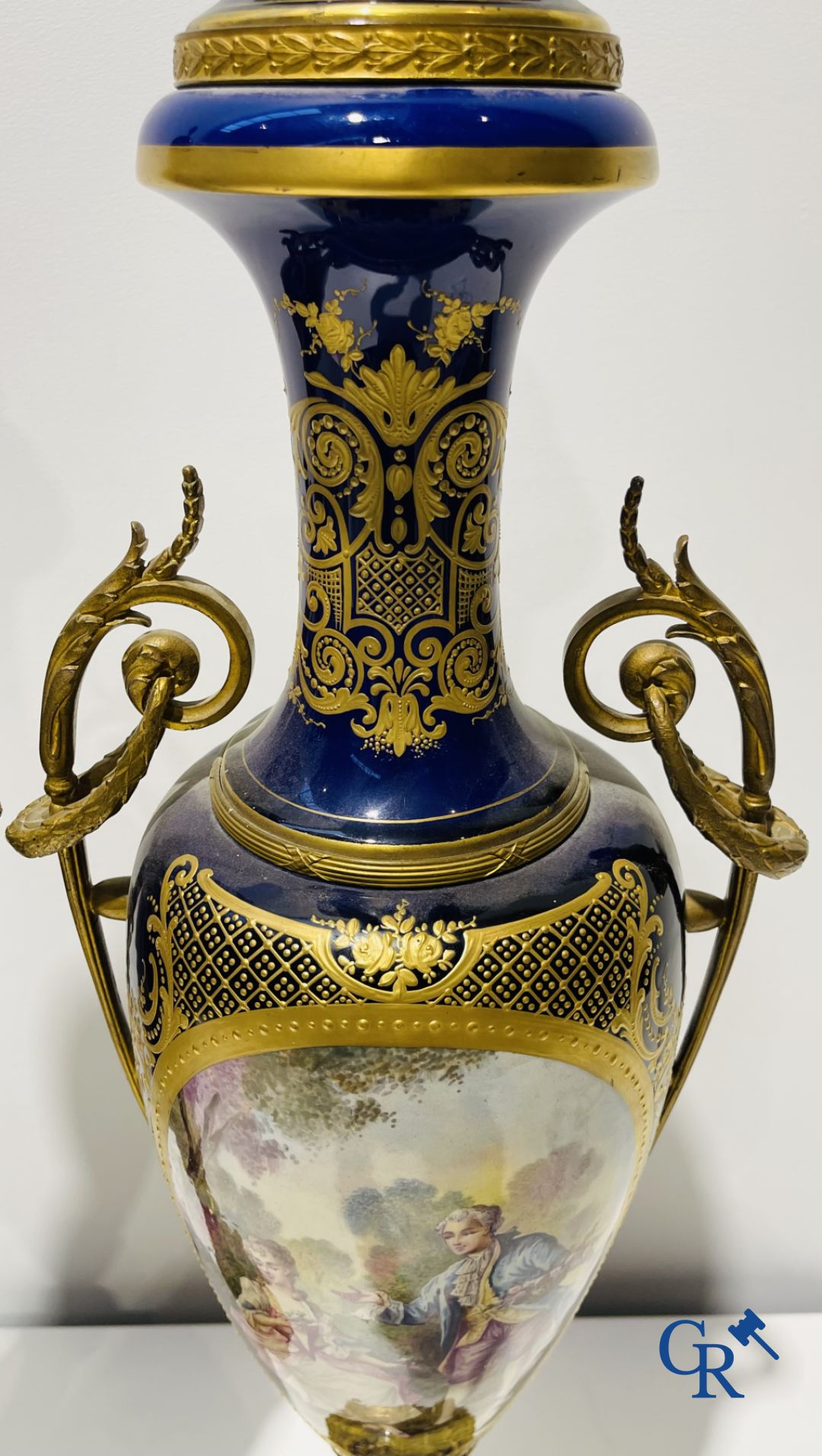 Sèvres: Poitevin. Pair of large vases in faience and bronze frames with romantic scenes. LXVI style. 19th-20th century.