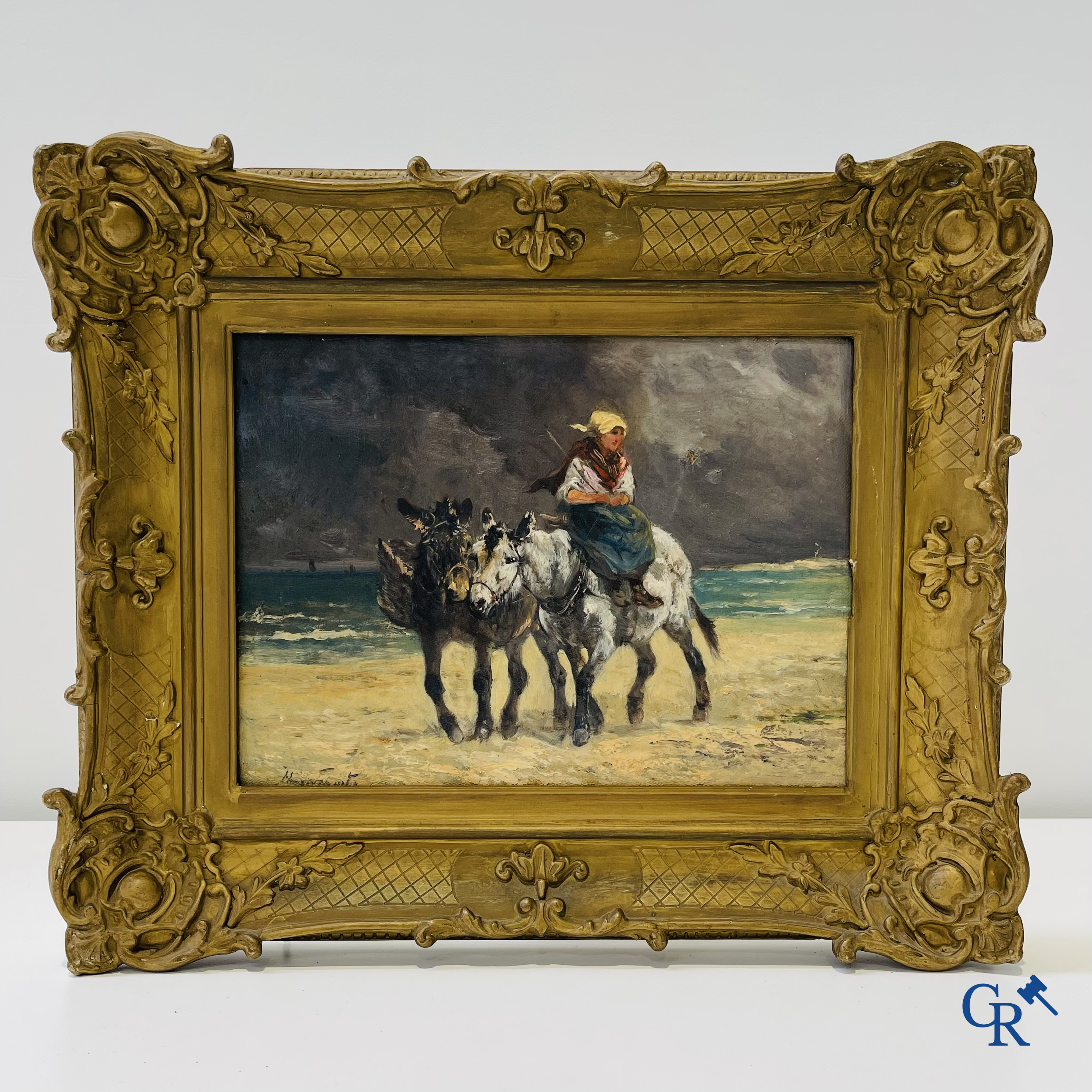 Henry Schouten: Oil on canvas. “Donkey walk on the Belgian coast.“ Around 1900.