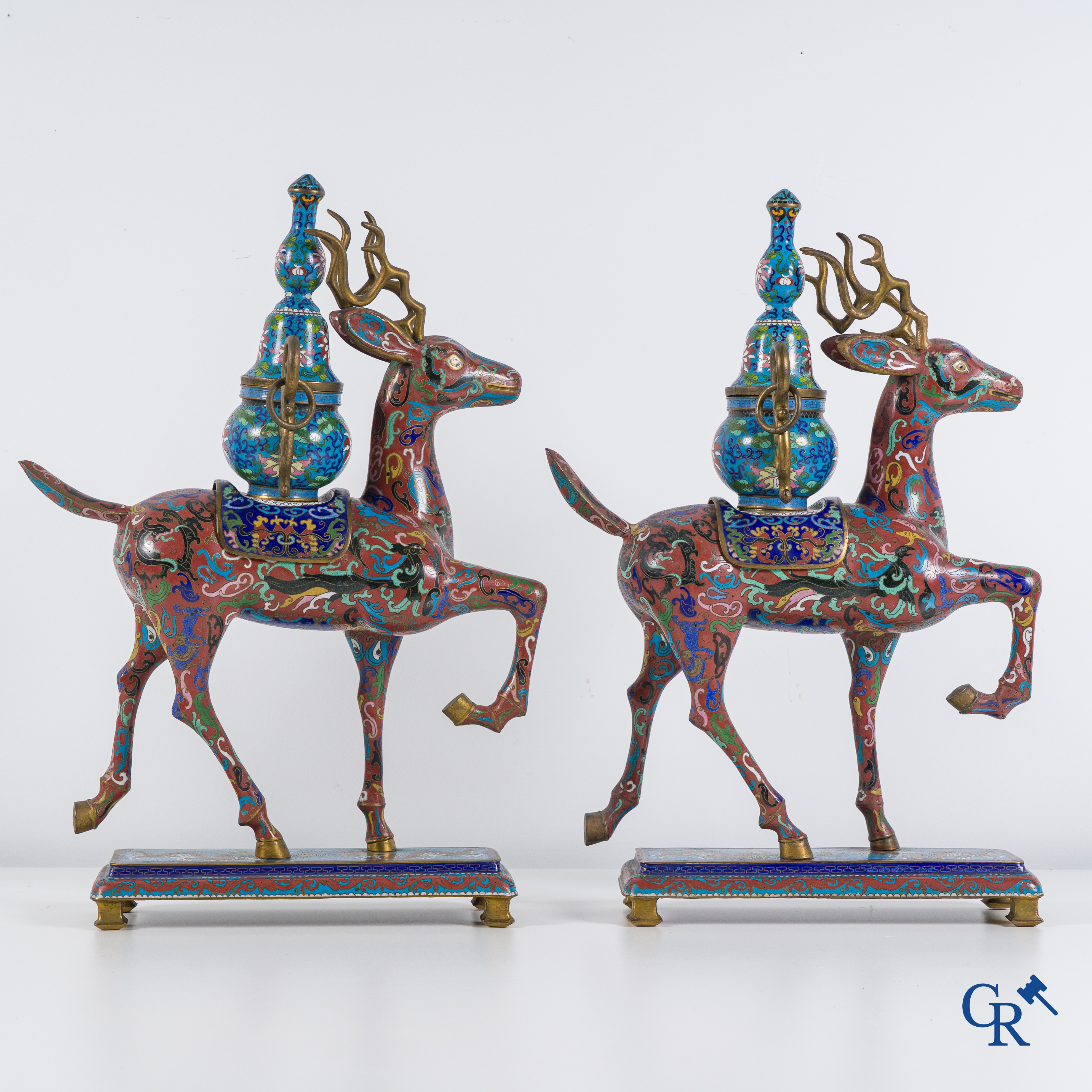 Asian Art: A pair of Chinese cloisonné incense burners in the shape of deer. China, 19th-20th century.