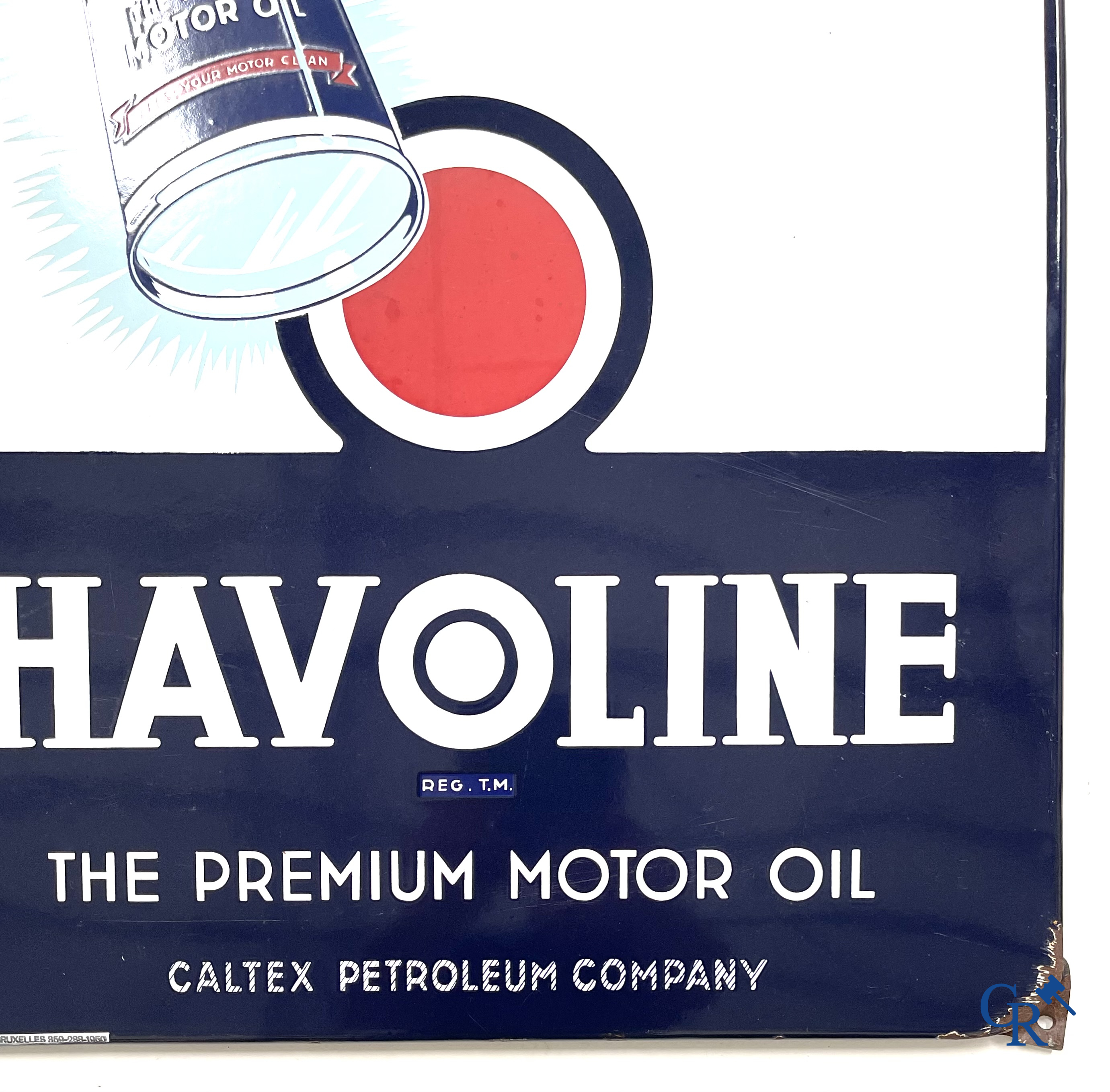 Havoline, emaille reclamebord voor motor olie Havoline van de Caltex Petroleum Company. T.P. Bruxelles 1950.