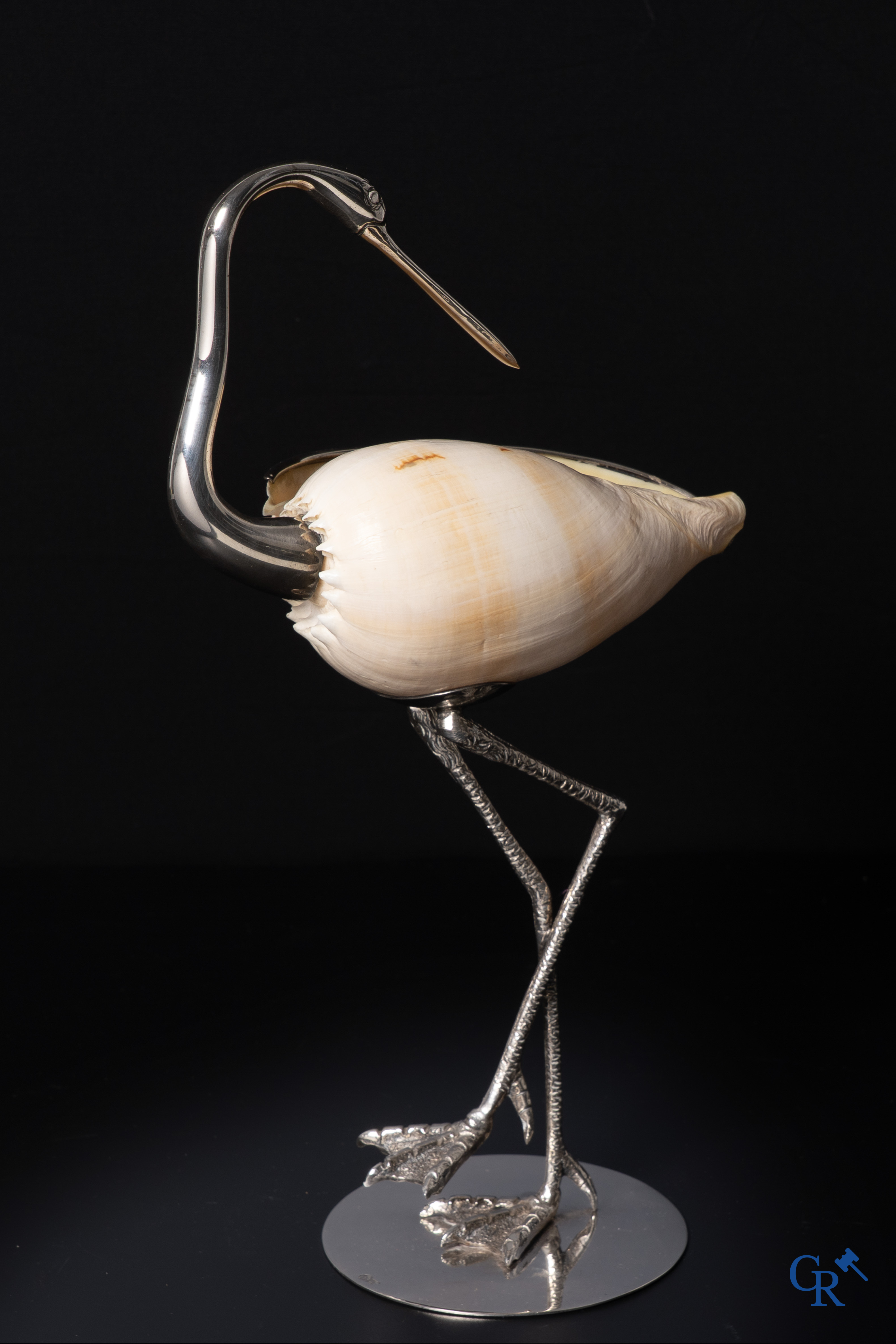 Gabriella Binazzi, Circa 1970, decorative silver-plated bird mounted with a shell. Signed Binazzi Italy.