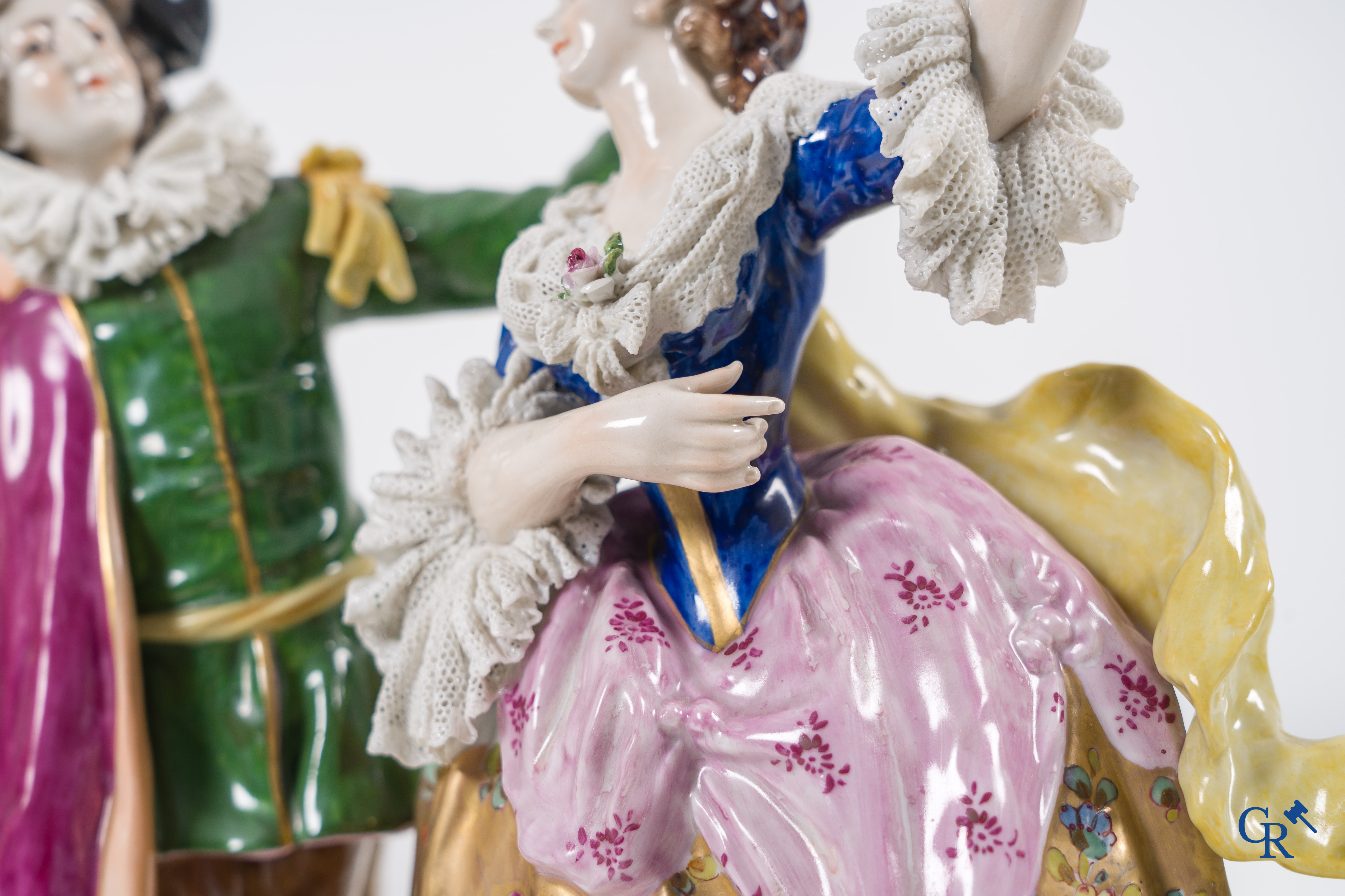 Volkstedt Rudolstadt: European porcelain, large and finely decorated group in lace porcelain of a dancing couple.