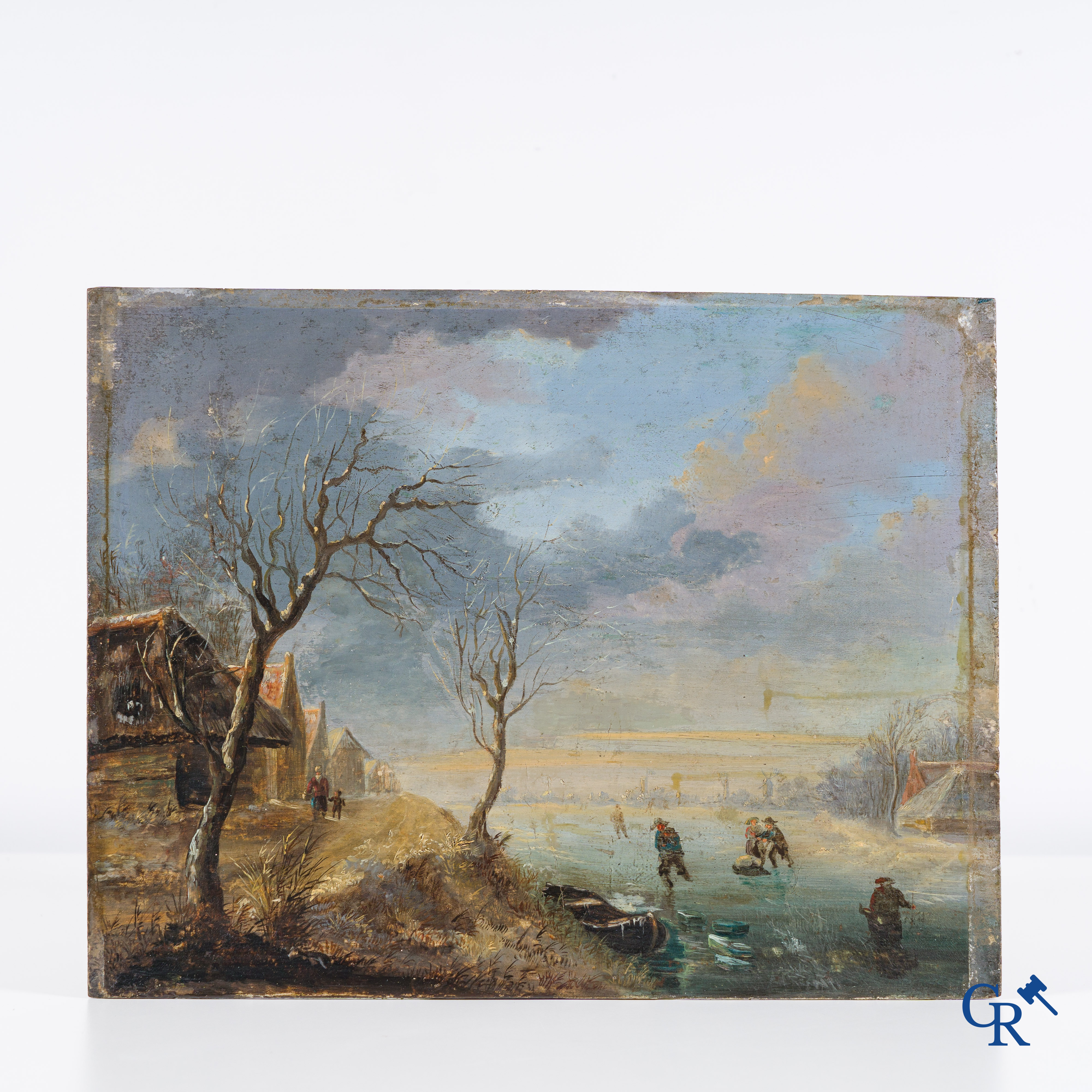 Painting, Winter landscape with skaters. Oil on panel. With wax seal and inventory number on the back.