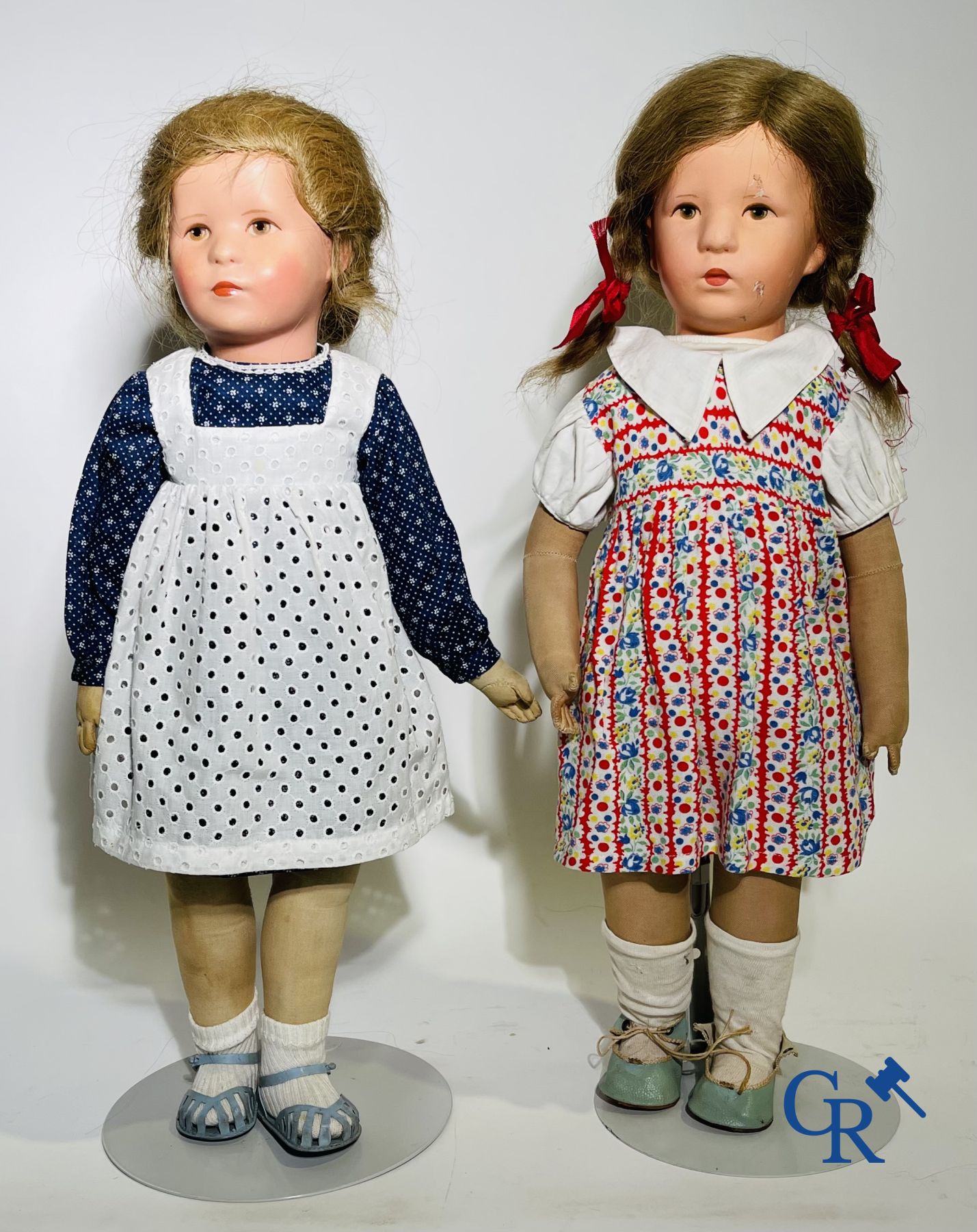 Toys: antique dolls: a lot of 6 dolls with a miniature grocery store attached.