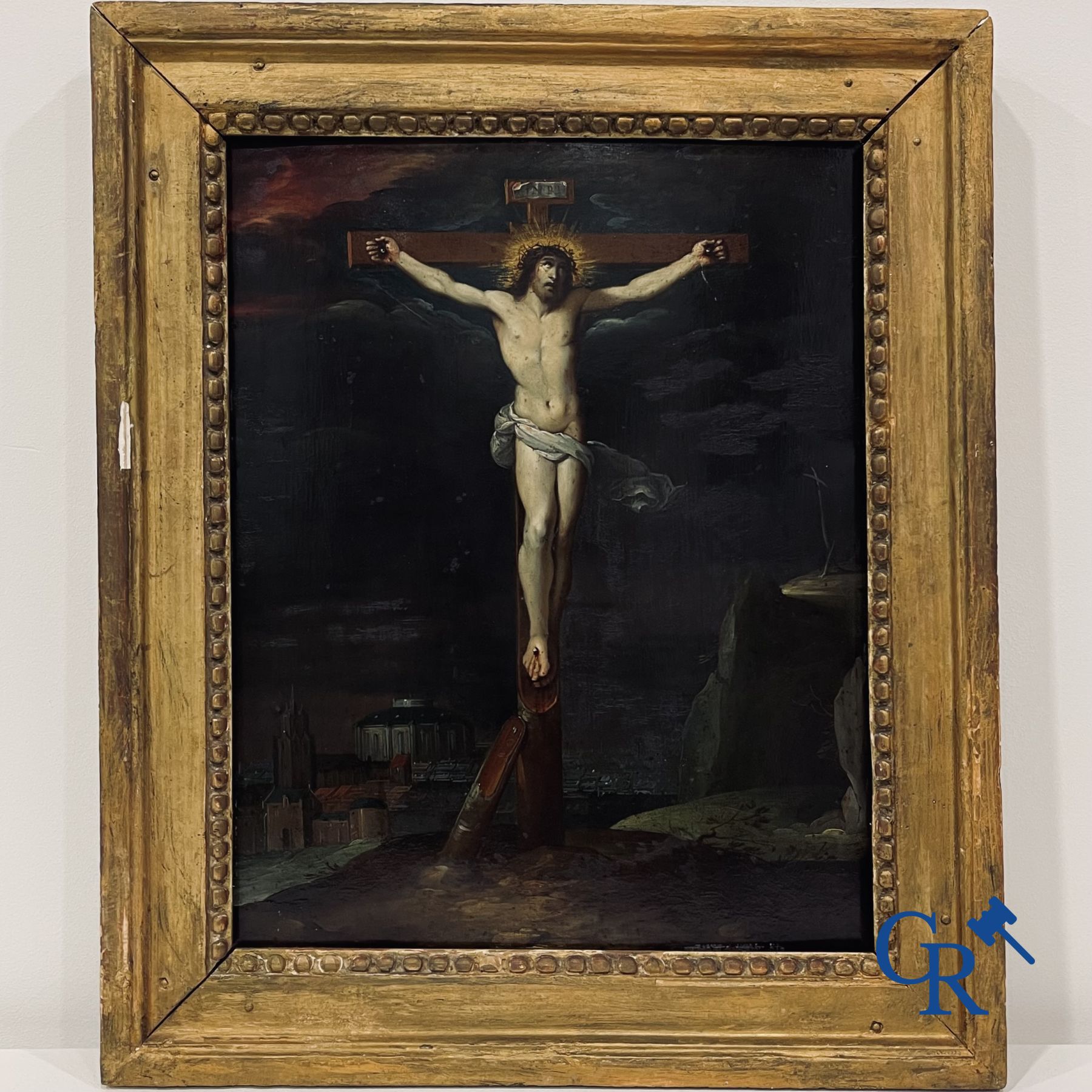 École flamande : Christ sur la croix. Huile sur cuivre. XVIe-XVIIe siècle.