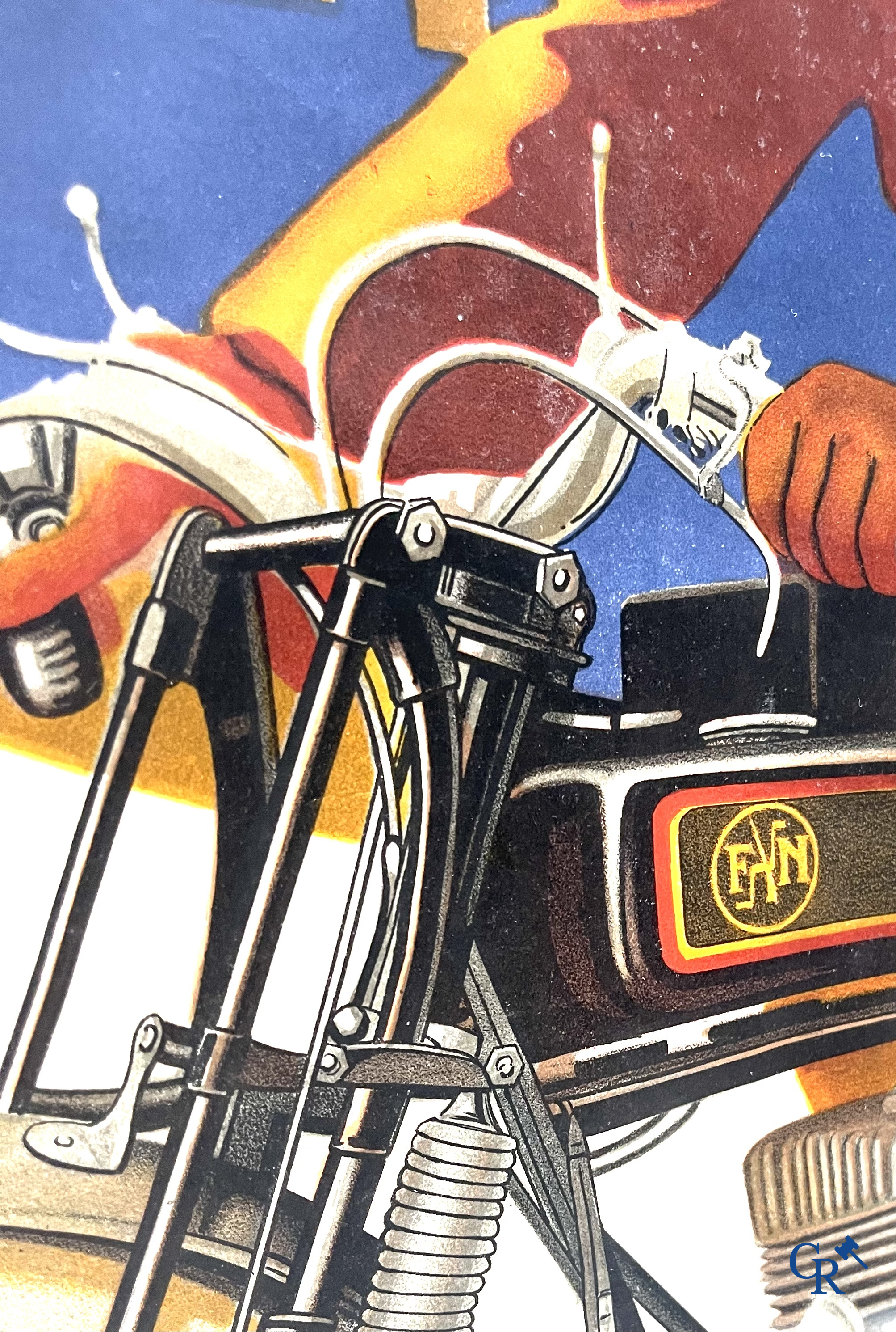 FN Motorfabriek Herstal, Zeldzame en originele publiciteitsaffiche voor de FN motorfiets type Sahara. Circa 1930.