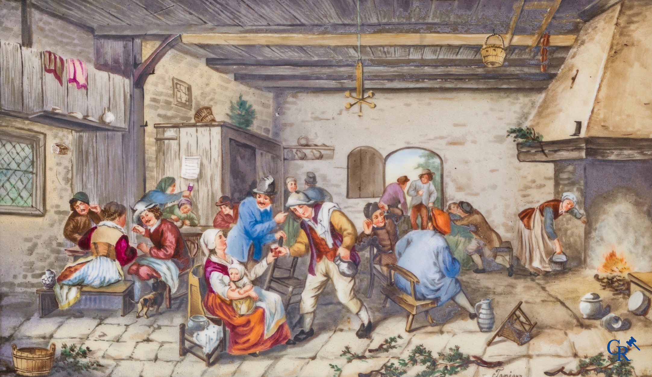 Teniers (d'après). Une paire de peintures sur porcelaine avec des scènes typiques de villages ruraux. Signé Teniers.