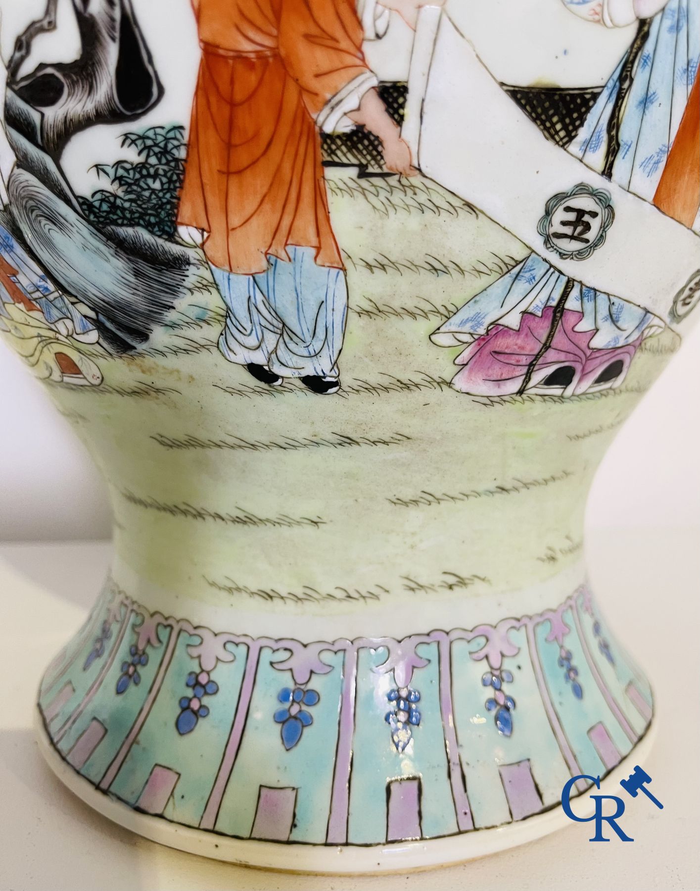 Chinese Porcelain: A Chinese famille rose lidded vase depicting Shou Lao.