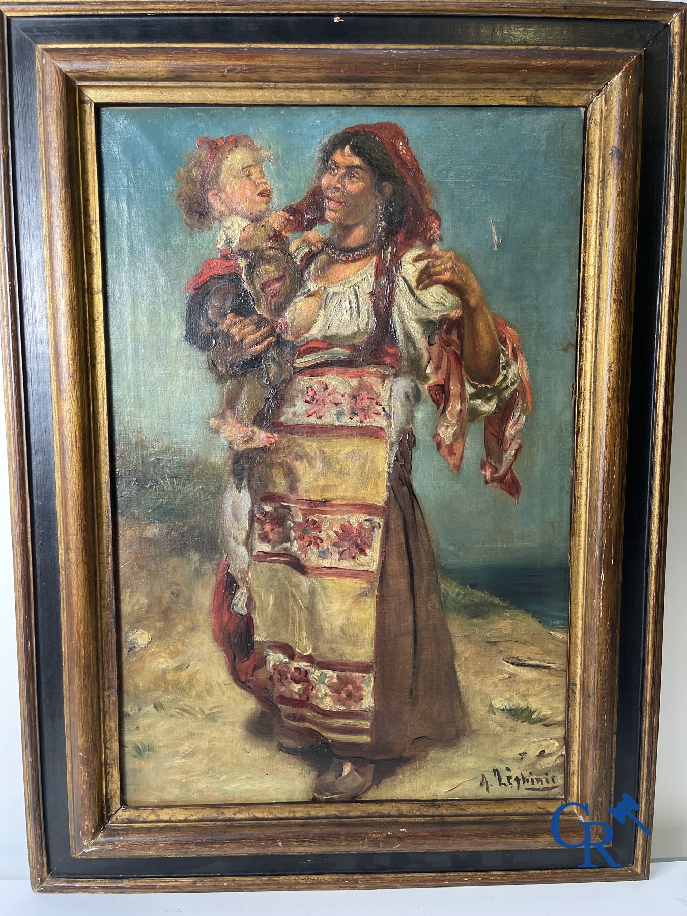 Painting: oil on canvas, illegibly signed. Gypsy woman with child.