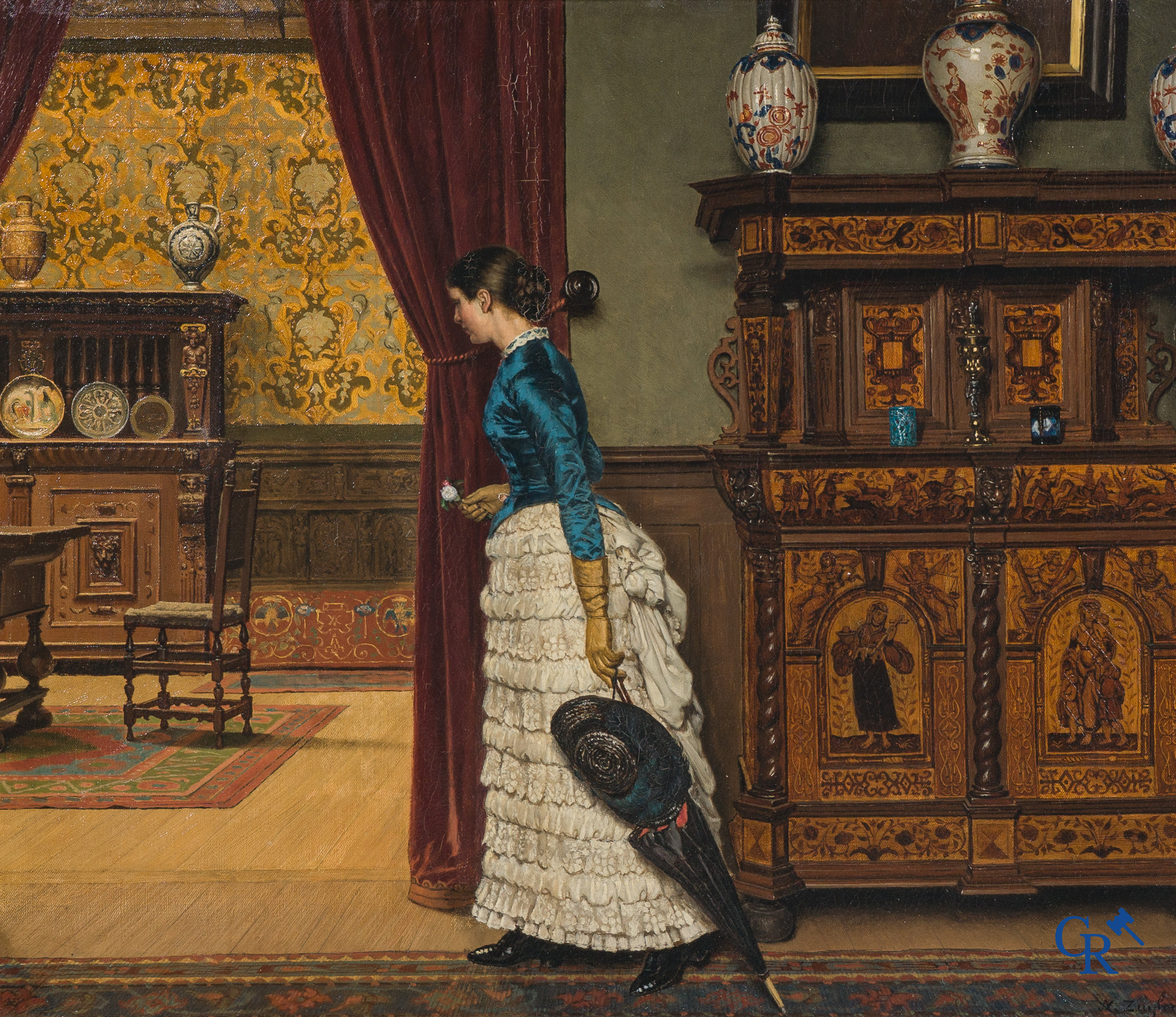 Baron Armand Van Zuylen, interior scene with a wealthy lady in a belle epoque dress, circa 1880.