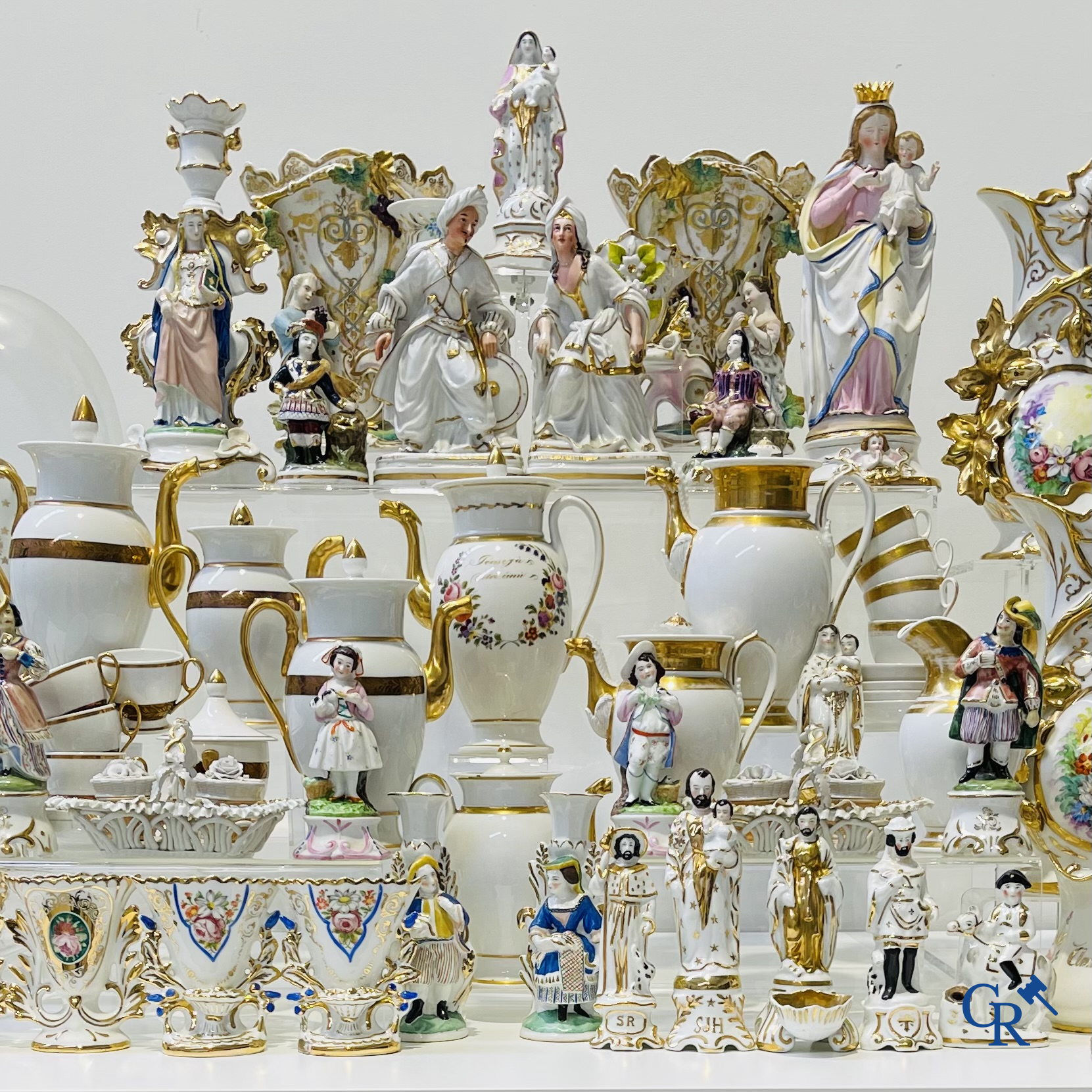 Large lot of holy water vessels, statues of saints, etc. in old Brussels and Paris porcelain. 