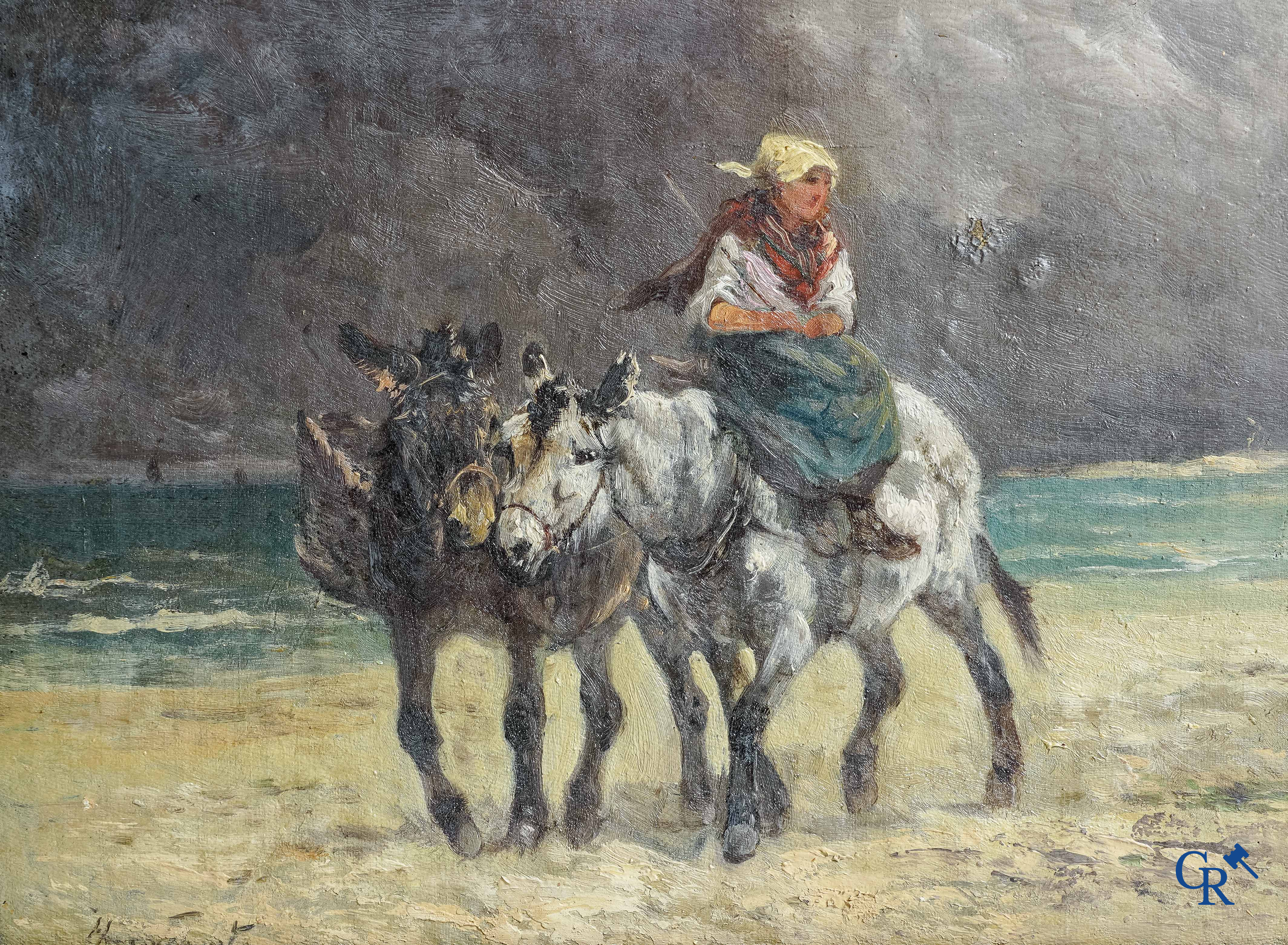 Henry Schouten: Oil on canvas. “Donkey walk on the Belgian coast.“ Around 1900.