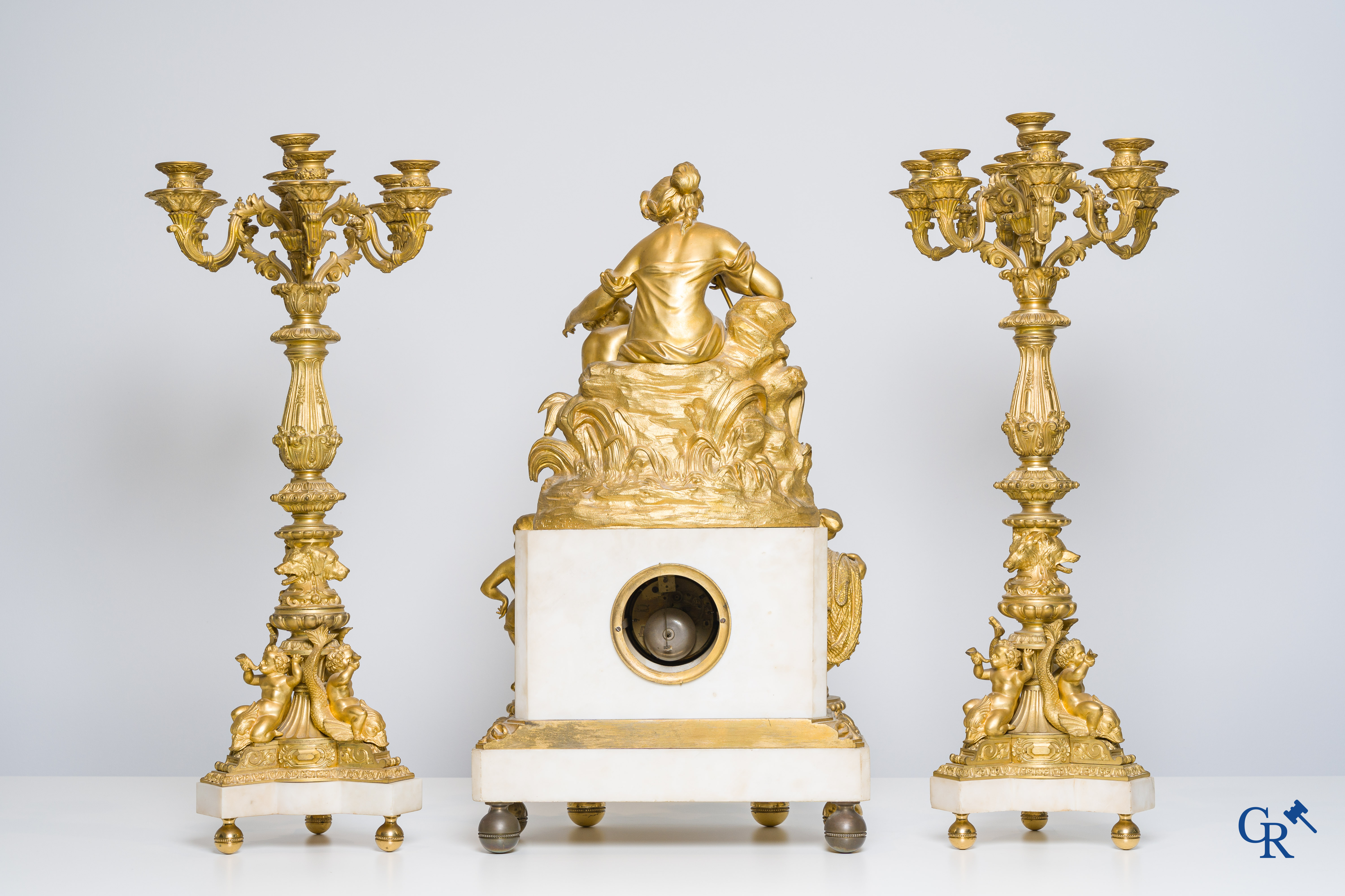 Thomire & Cie and Louis Moinet, Extraordinary clockset in Carrara marble and gilded bronze. Paris work circa 1850.