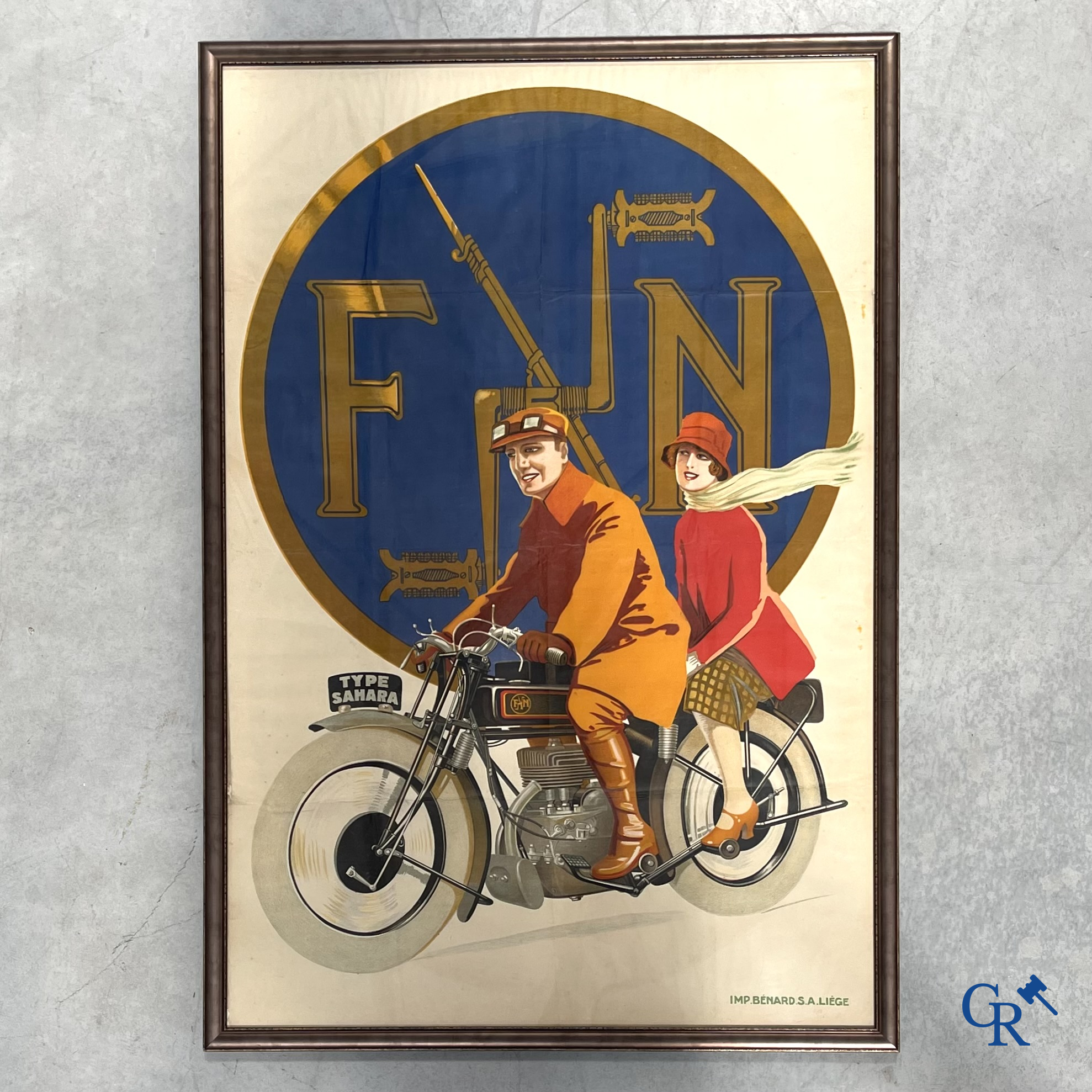 FN Motorfabriek Herstal, Zeldzame en originele publiciteitsaffiche voor de FN motorfiets type Sahara. Circa 1930.