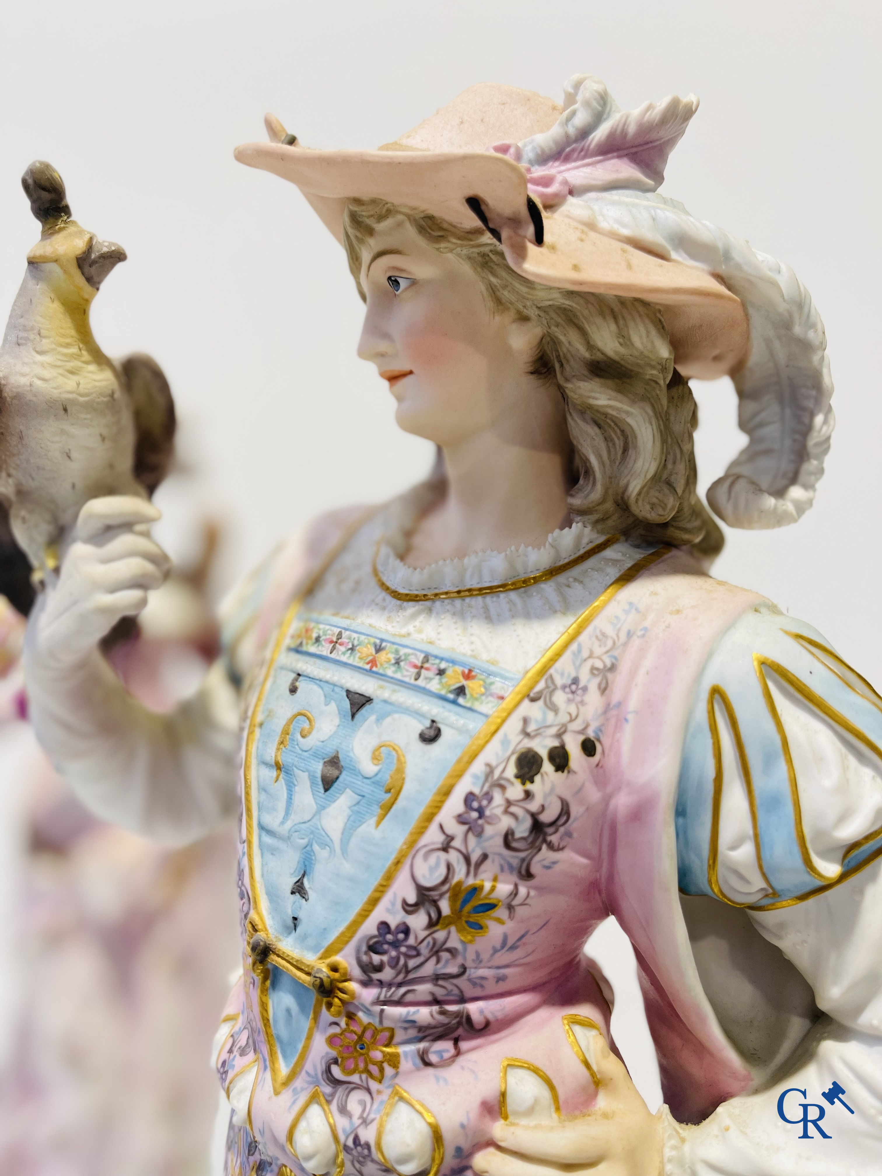 Exceptional pair of large statues in coloured and gilded biscuit porcelain. 2nd half of the 19th century.