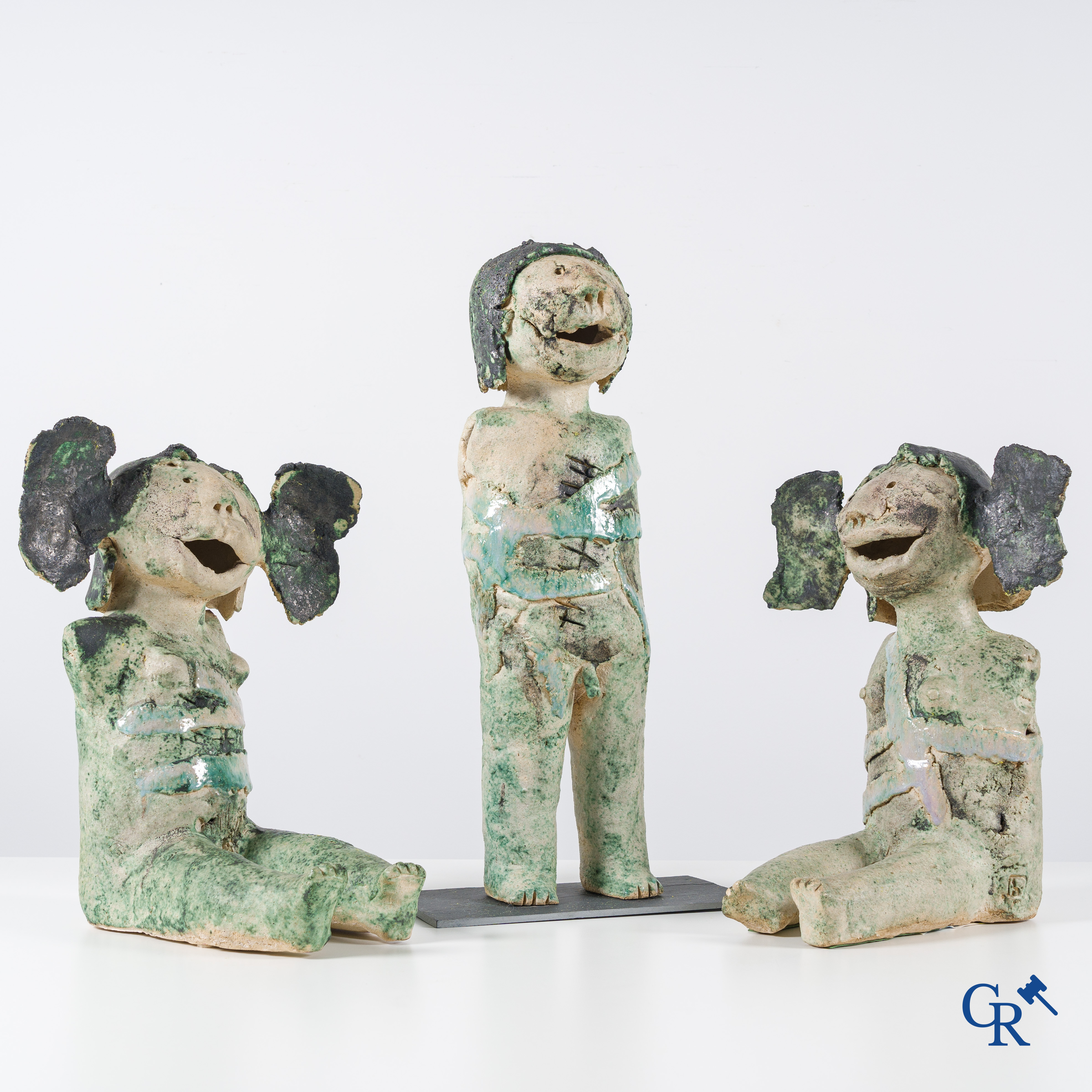 Marnix Hoys (1943): A set of 3 sculptures in glazed terra cotta. Around 1980, marked and signed.