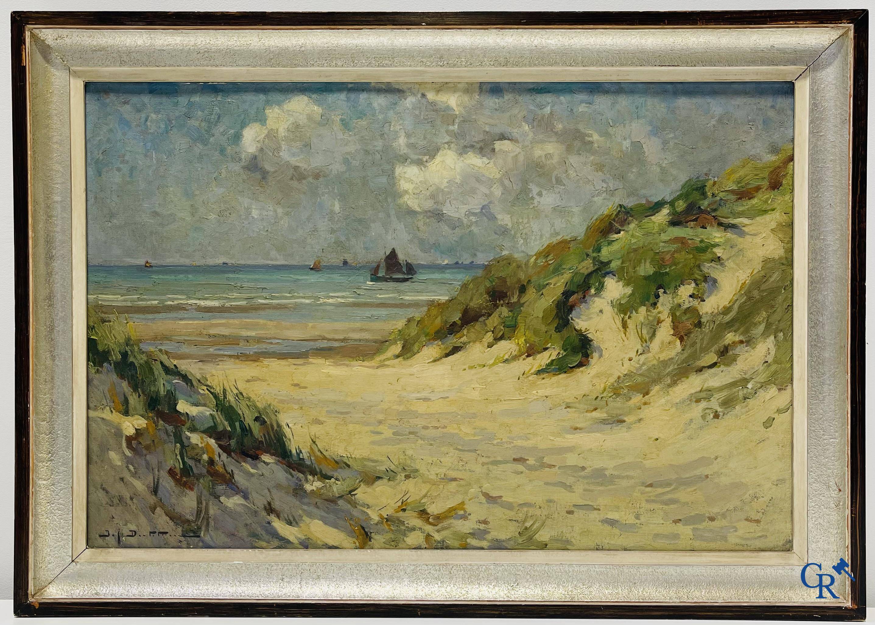 Pierre Joseph Dutillieu (1876-1960) Strandzicht met boten. Olie op doek.