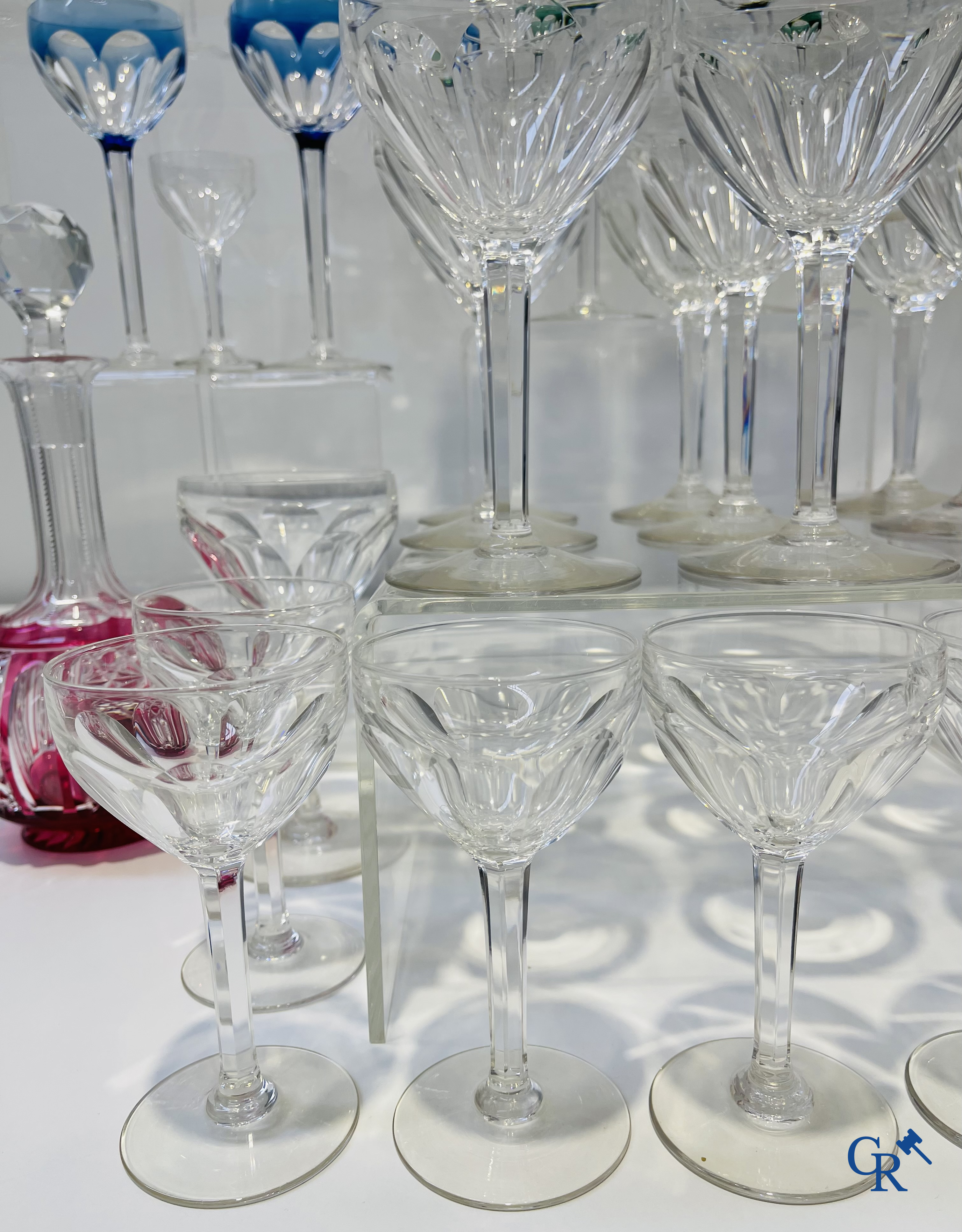 Val Saint Lambert. Large lot of glasses in crystal, 2 carafes and 6 cups added.