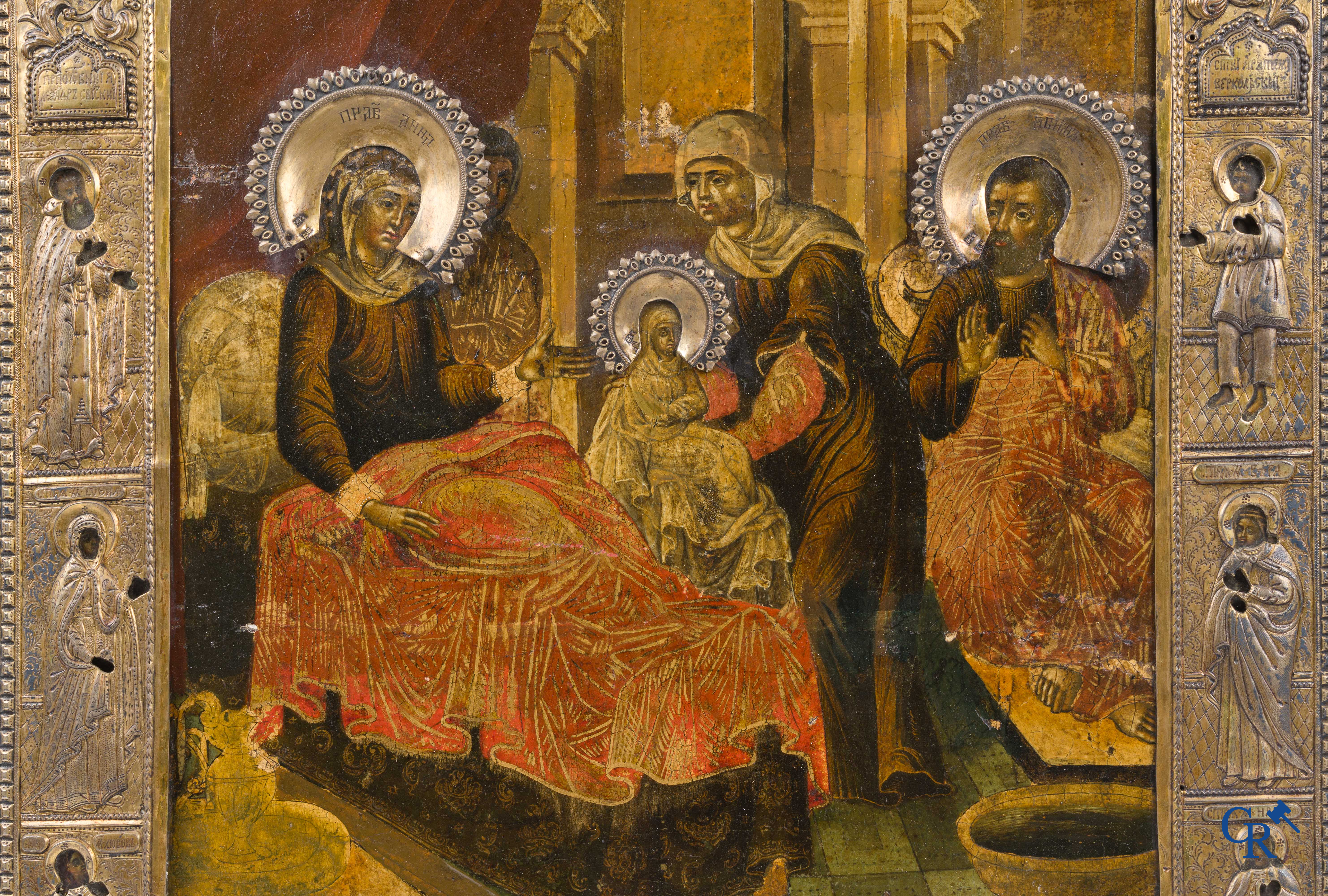 Russisch werk. De geboorte van Jezus. Grote Russische icoon met zilver oklad. Zilvergehalte 84 en gedateerd 1883.