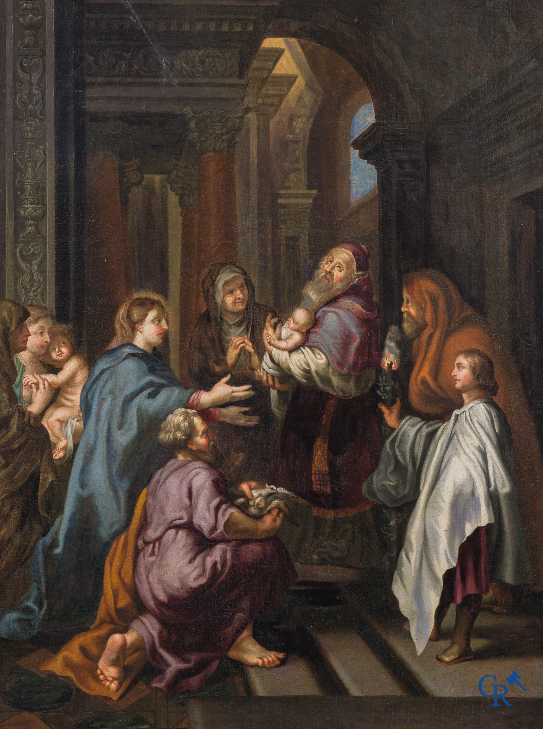 Peinture religieuse, l'adoration de l'Enfant Jésus dans un grand cadre en placage d'ébène. Huile sur toile. XVIIIème siècle.