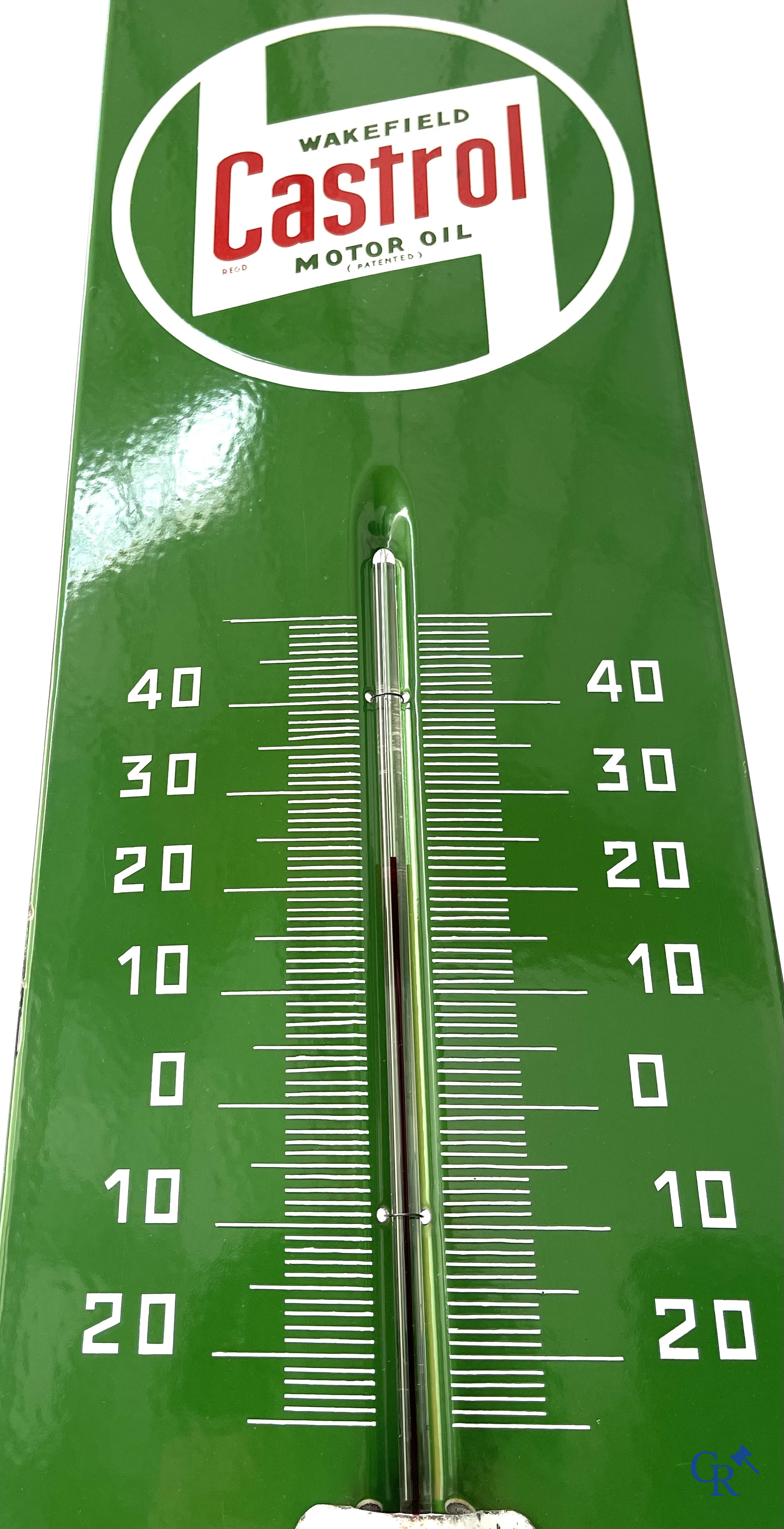 Castrol Motor Oil, een emaille reclamebord met ingewerkte thermometer voor Castrol motorolie. Emaillerie Belge.