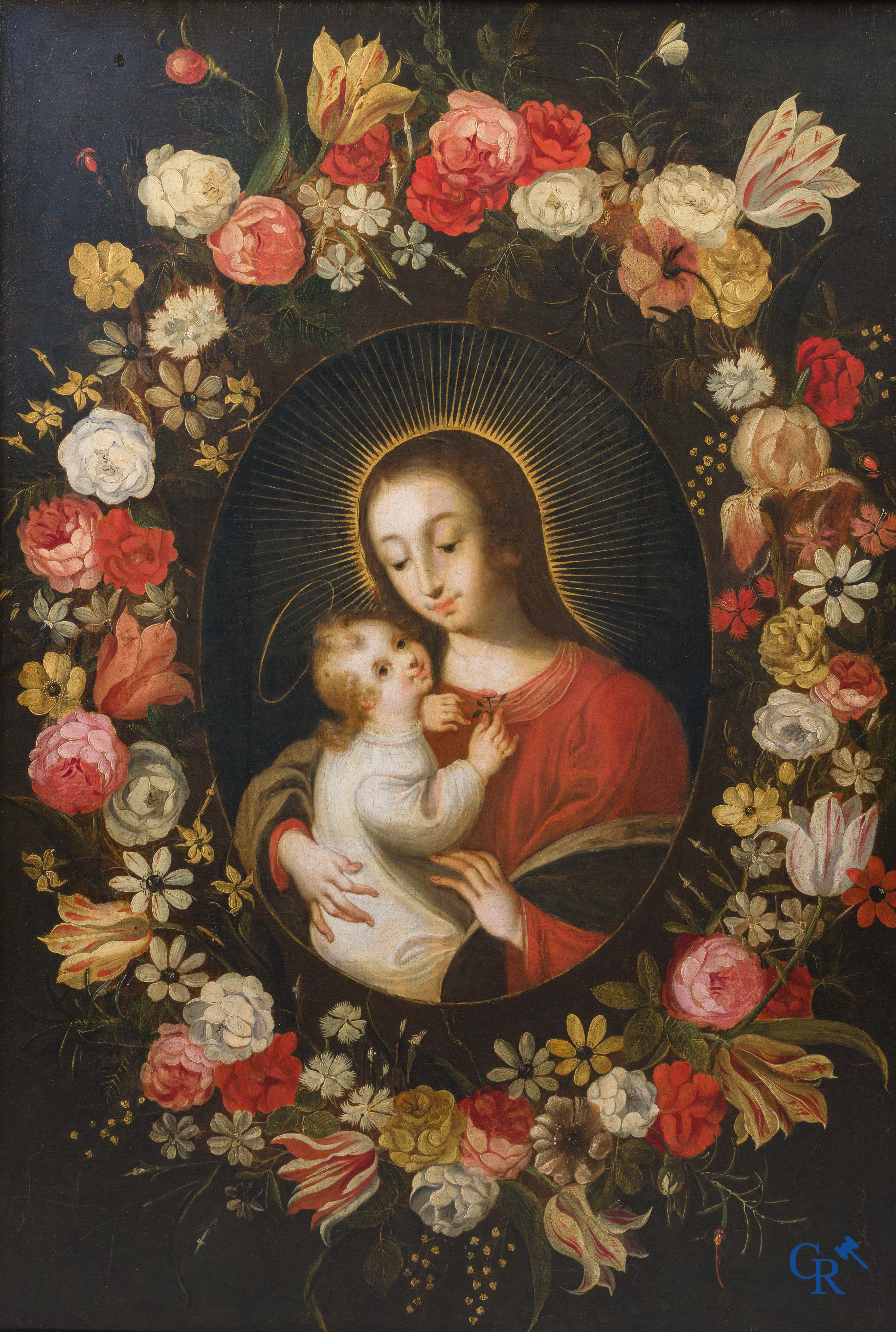 Flemish school, in the manner of Daniel Seghers. Mary with child in a wreath of flowers. Oil on panel.