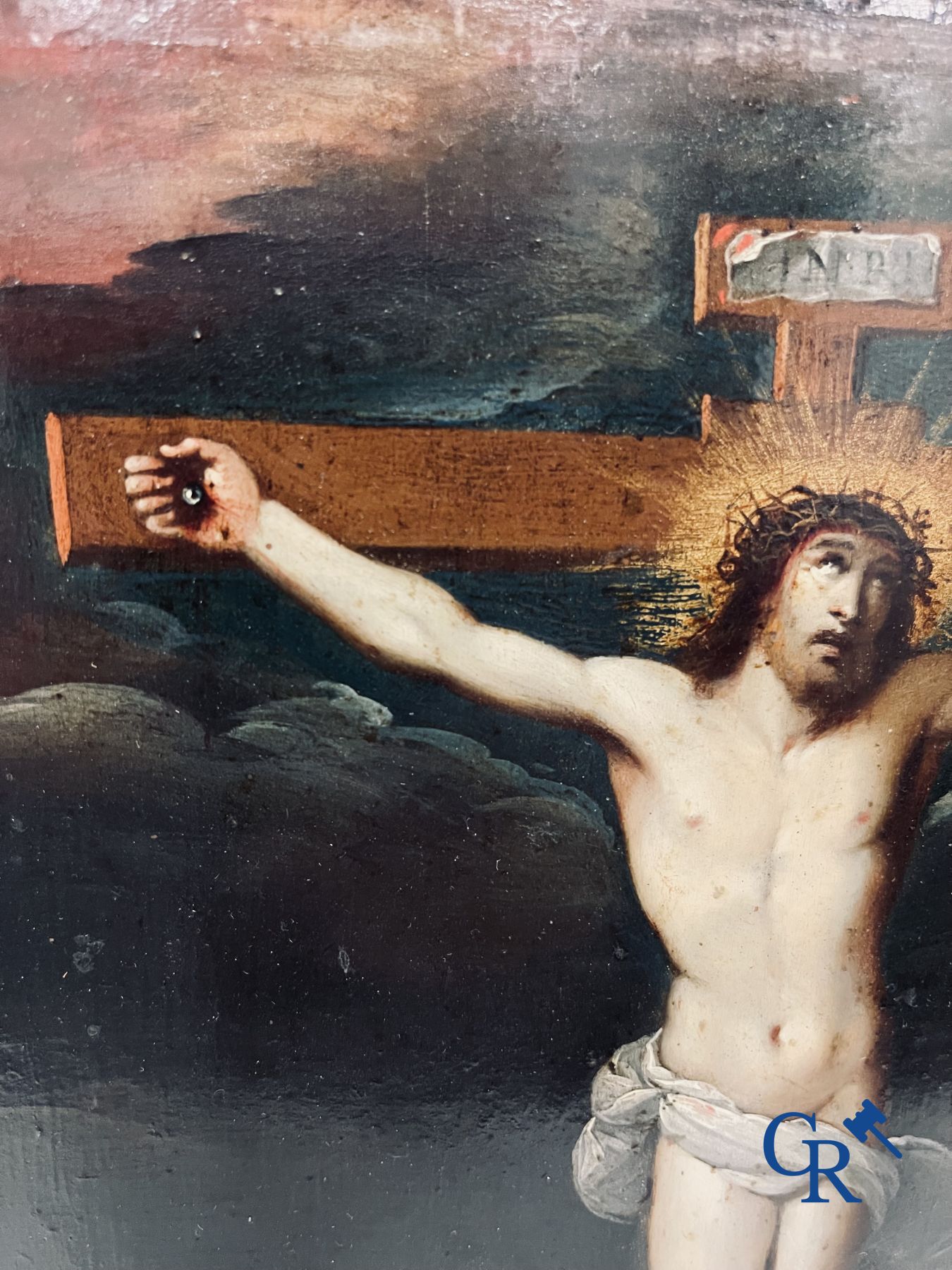 École flamande : Christ sur la croix. Huile sur cuivre. XVIe-XVIIe siècle.